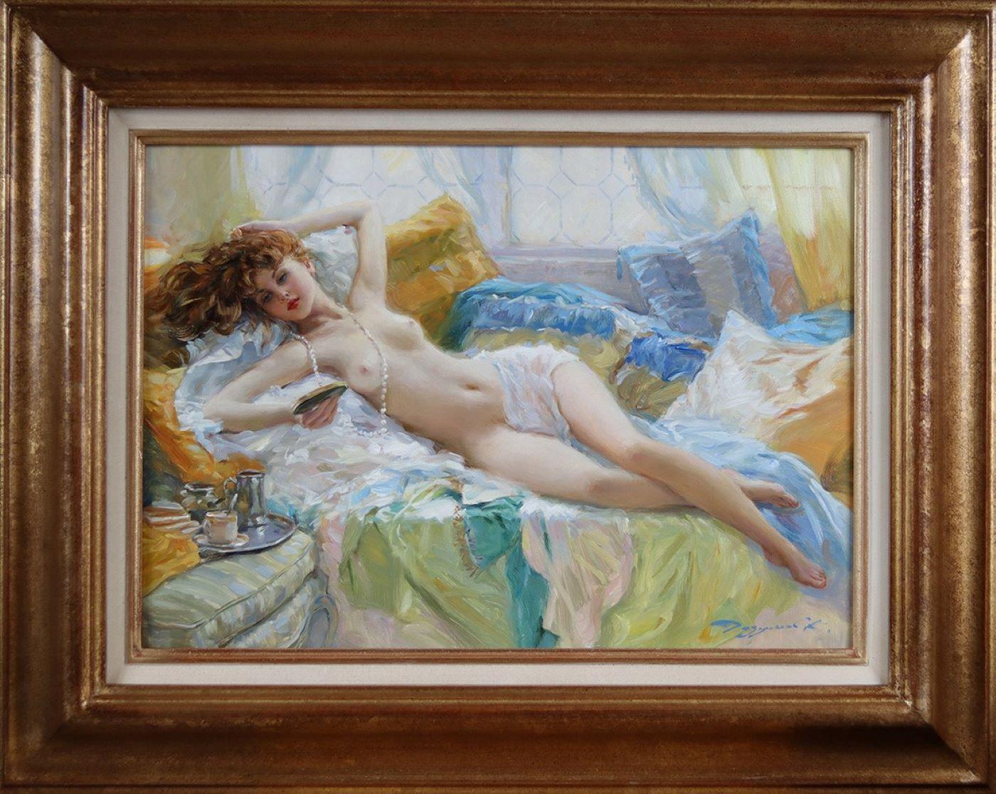 Konstantin Razumov  Nude Painting - Elegant Reclining Nude wearing Pearls