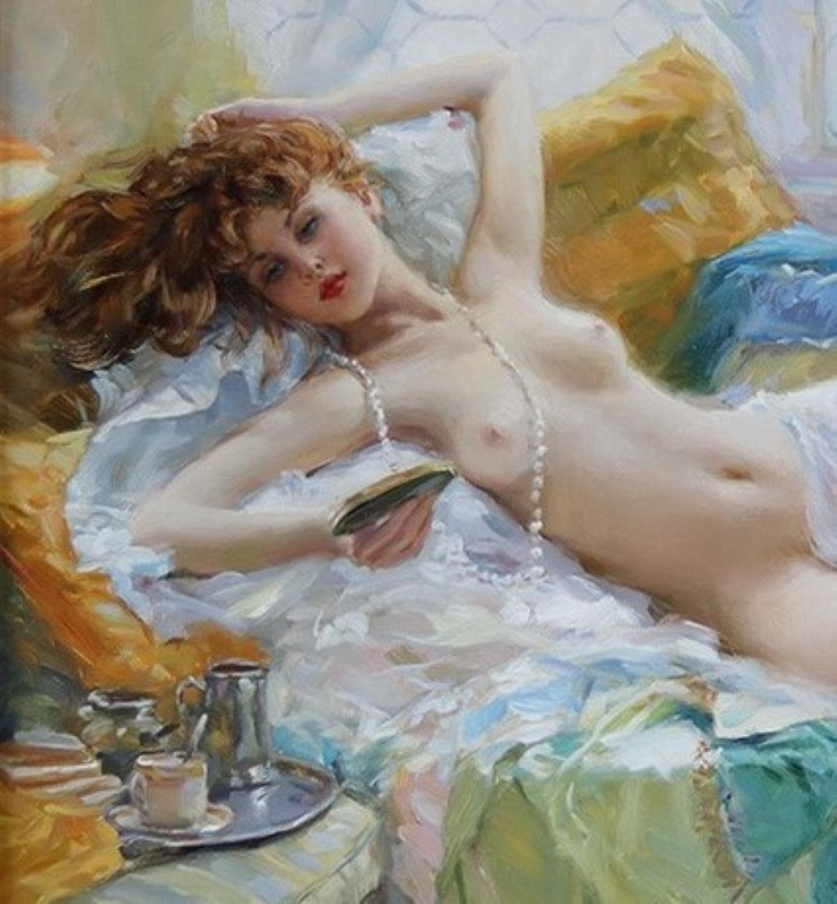 Elegant Reclining Nude wearing Pearls - Impressionist Painting by Konstantin Razumov 
