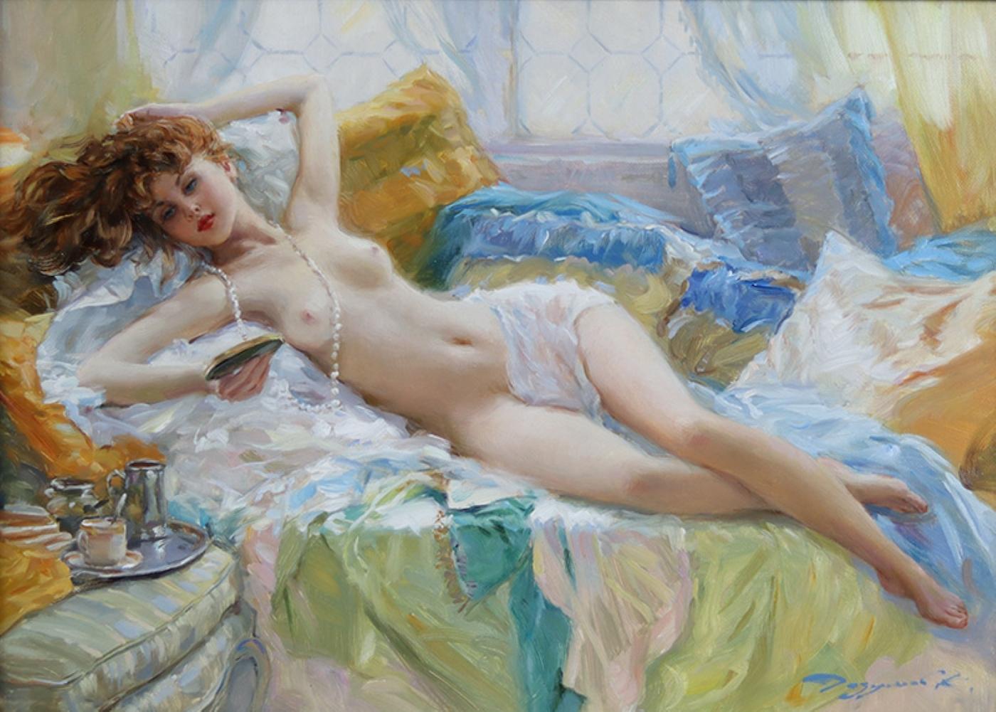 Elegant Reclining Nude wearing Pearls - Painting by Konstantin Razumov 