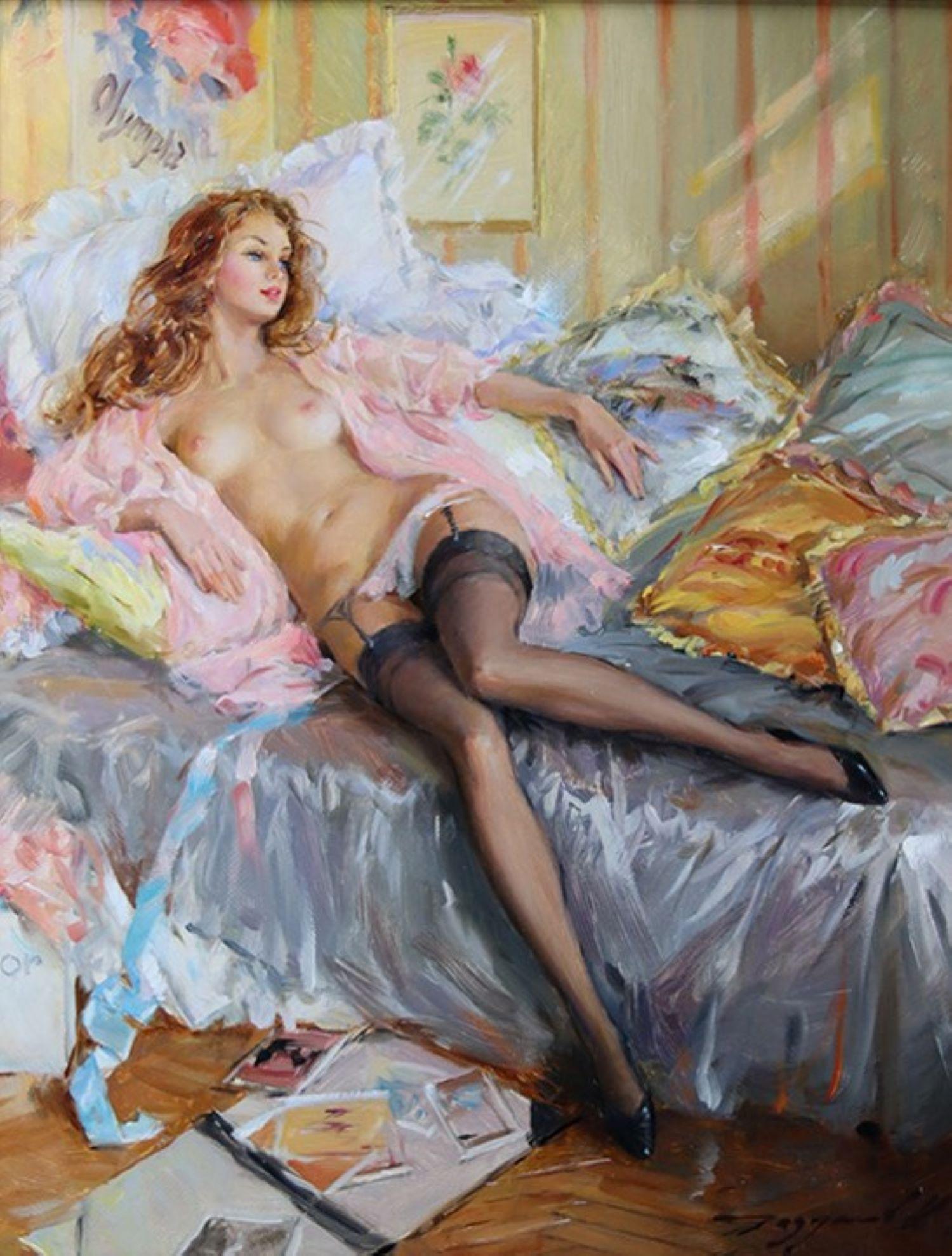 Elegant Semi Nude Lady wearing a Pink Peignoir and Black Stockings - Painting by Konstantin Razumov 