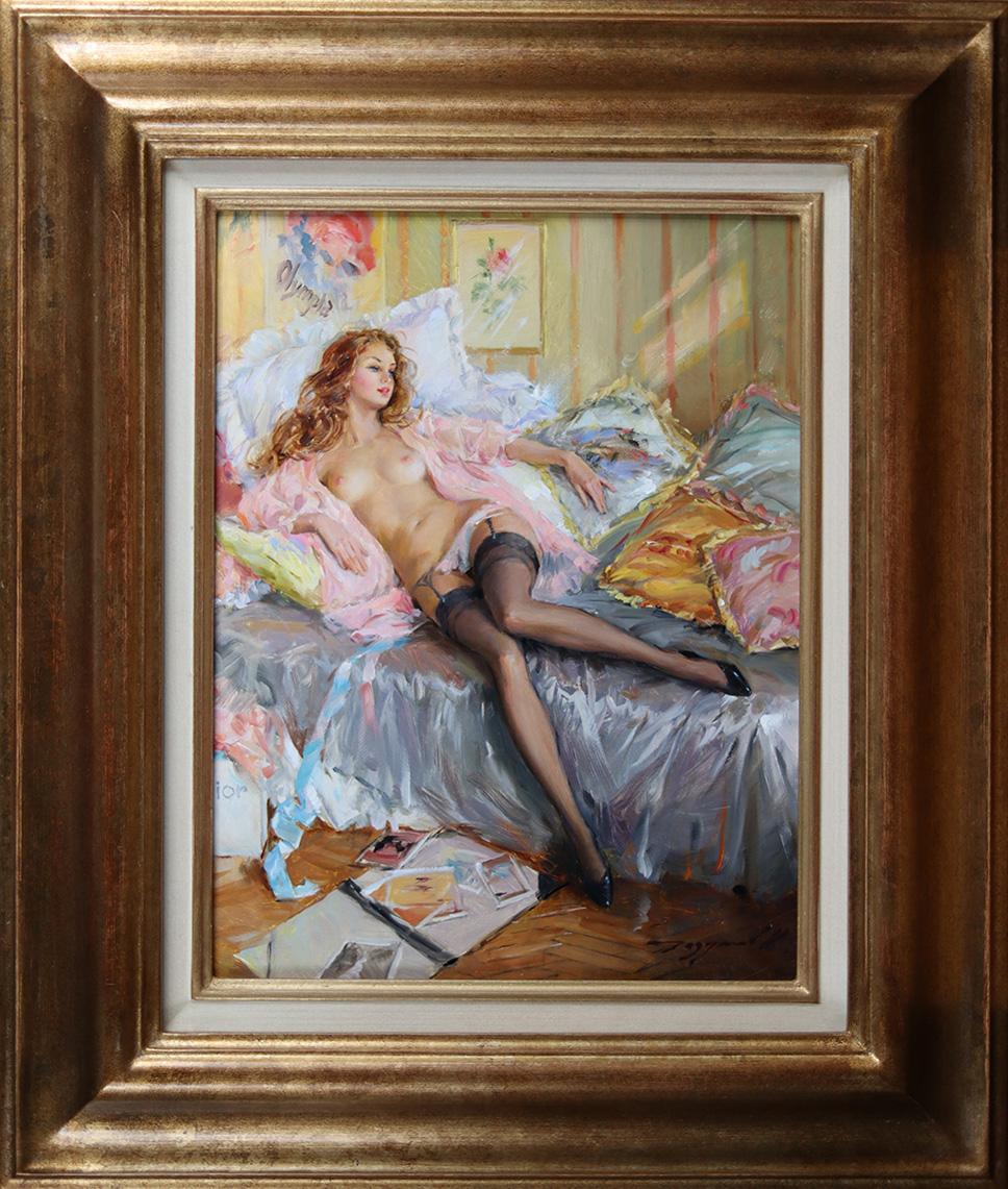 Elegante Halbakt-Dame mit rosa Peignoir und schwarzen Stockings (Impressionismus), Painting, von Konstantin Razumov 