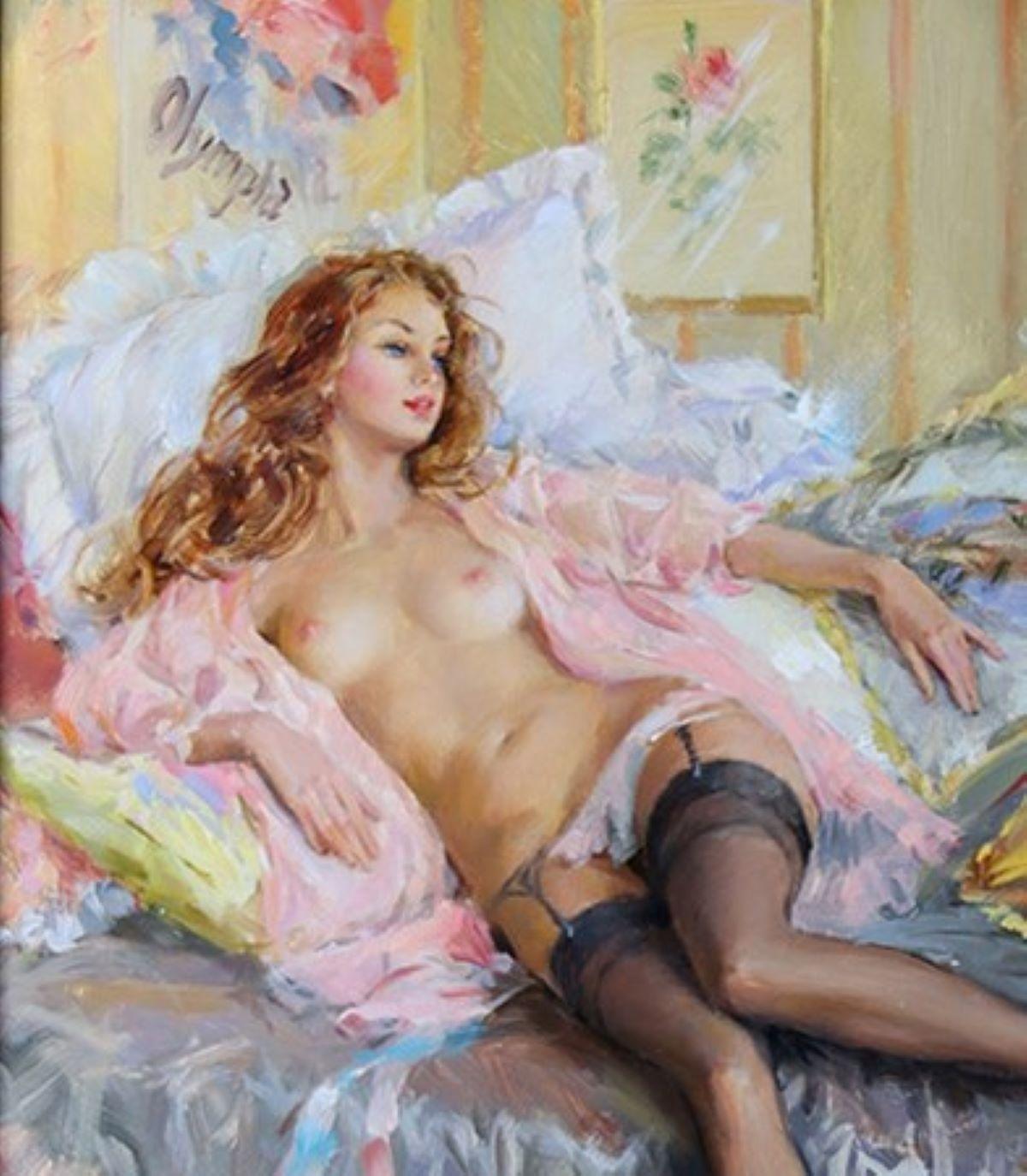 Konstantin Rasumow 
(Geboren 1974) Russisch

Elegante nackte Dame auf einem Bett liegend in einem rosa Peignoir 
Öl auf Leinwand: 14 x 11 Zoll. Rahmen: 20 x 17 Zoll. 

Konstantin Razumovs Arbeiten wurden in den letzten 25 Jahren mehrfach auf