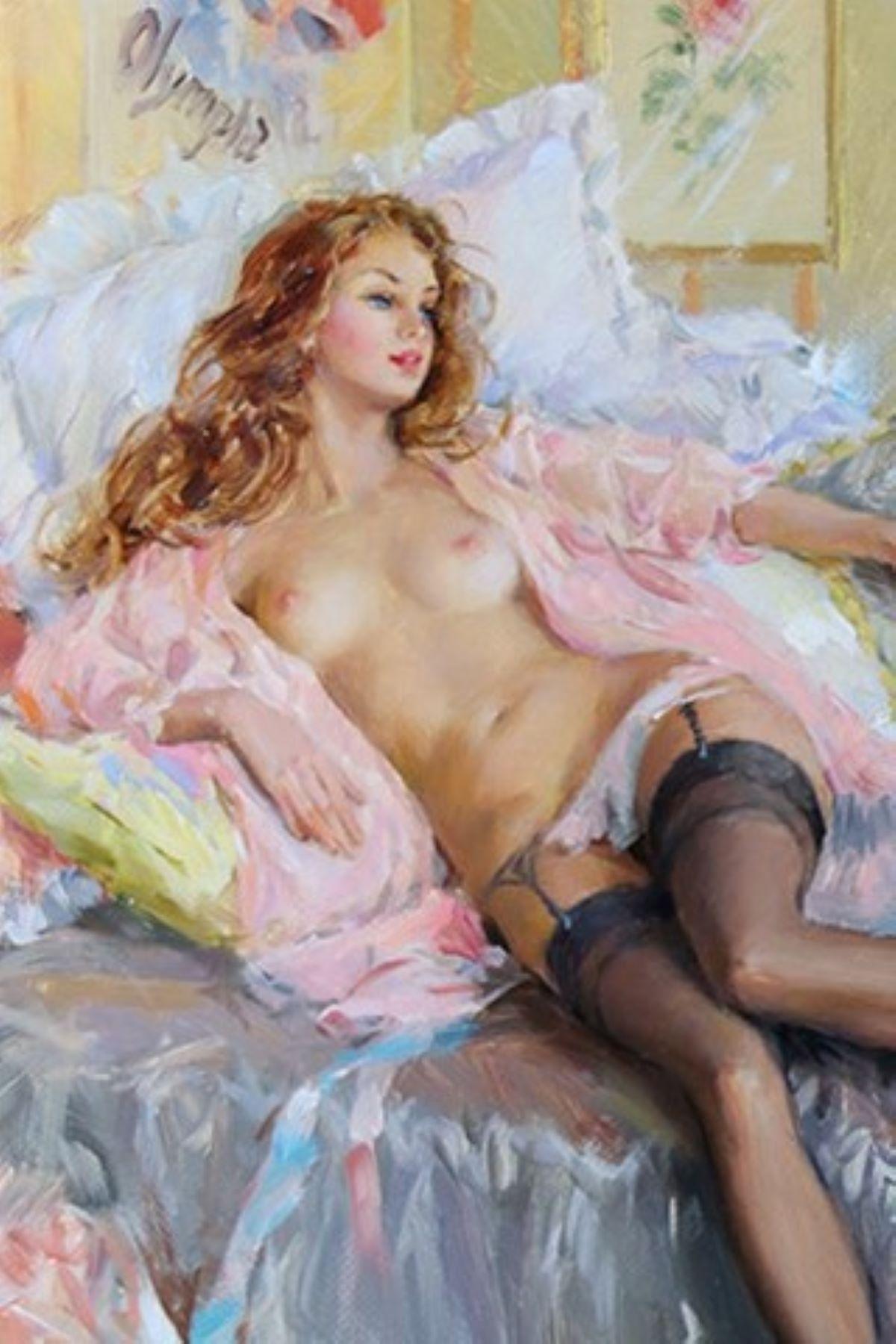 Konstantin Razumov 
(Born 1974) Russian

Elegant Nude Lady Lying on a Bed in a Pink Peignoir 
Oil on canvas: 14 x 11 inches. Frame: 20 x 17 inches. 

Konstantin Razumov's work has been offered at auction multiple times over the past 25 years, with