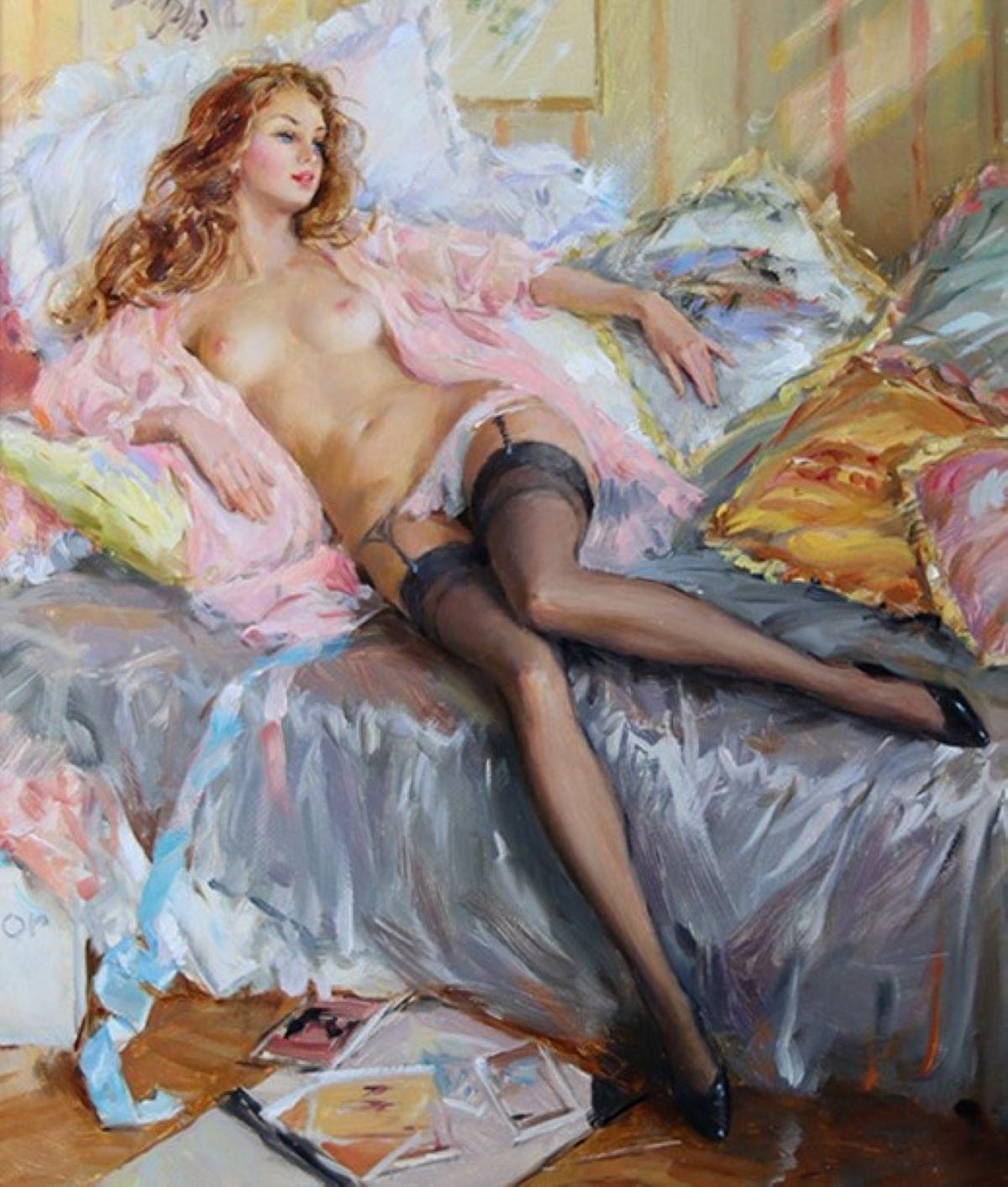 Konstantin Razumov  Portrait Painting – Elegante Halbakt-Dame mit rosa Peignoir und schwarzen Stockings