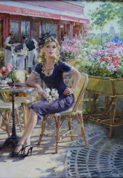 Elegant Young Lady in a Blue Dress, Seated at a Parisian Café