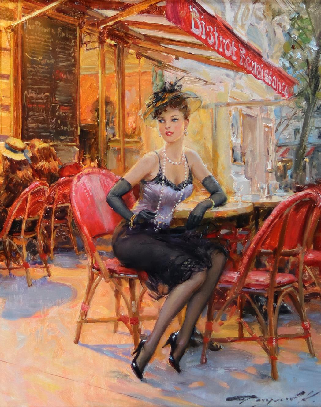 Konstantin Razumov  Portrait Painting - Elegant Young Lady at a Parisian Café