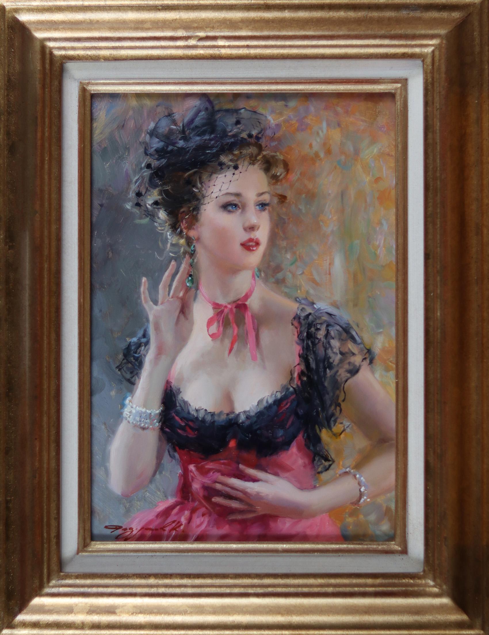 Elegant young lady in a red dress and black shawl                            - Painting by Konstantin Razumov 