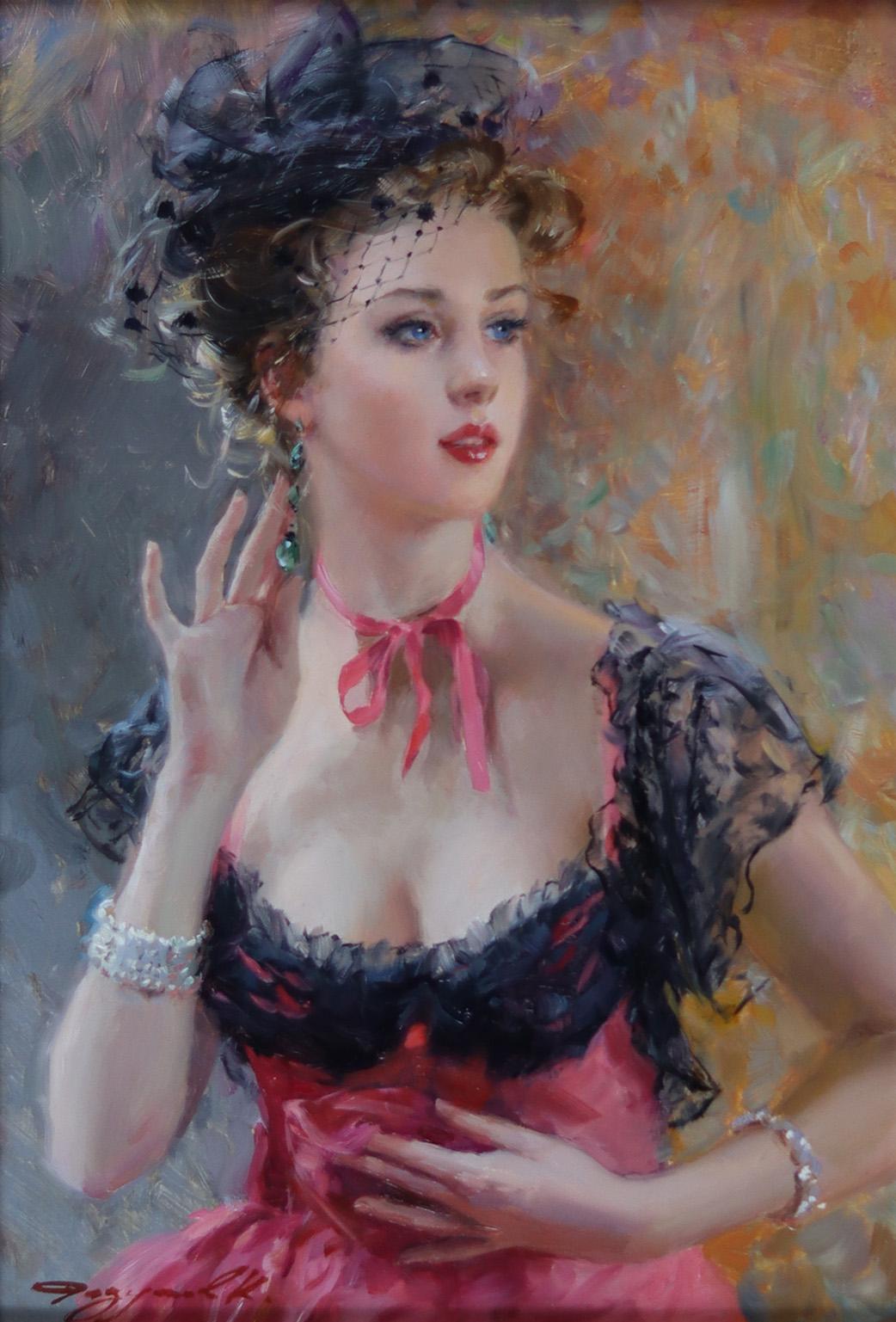 Konstantin Razumov  Figurative Painting - Elegant young lady in a red dress and black shawl                           