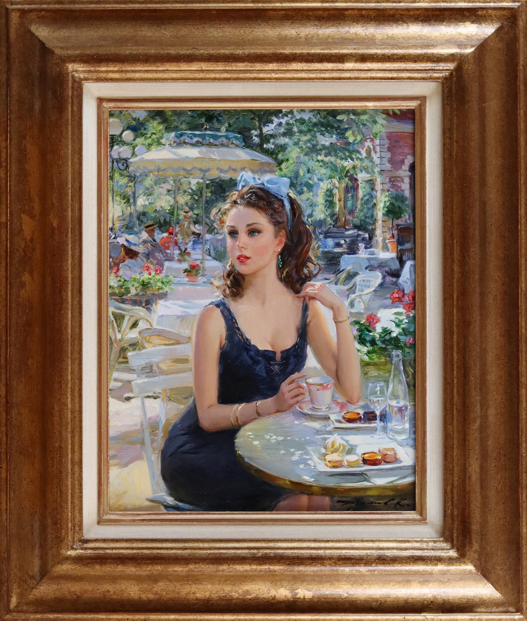 Lady in a blue dress, seated at a Paris café - Painting by Konstantin Razumov 