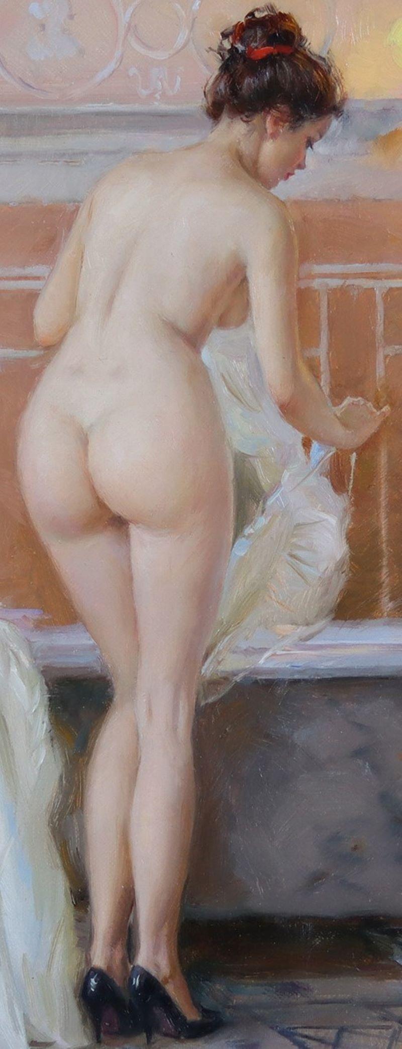 Nude Lady at the Bath - Impressionist Painting by Konstantin Razumov 