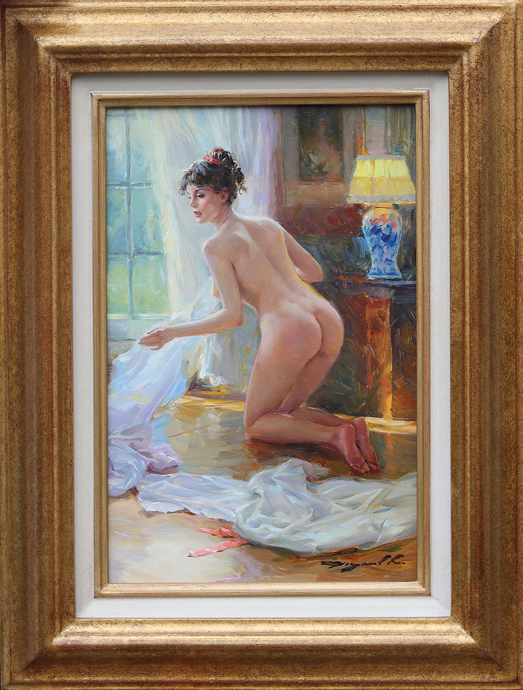 Jolie femme nue faisant pipi à côté d'une fenêtre - Painting de Konstantin Razumov 