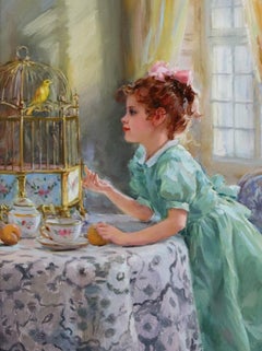Pretty young girl in an interior with a Canary                                  