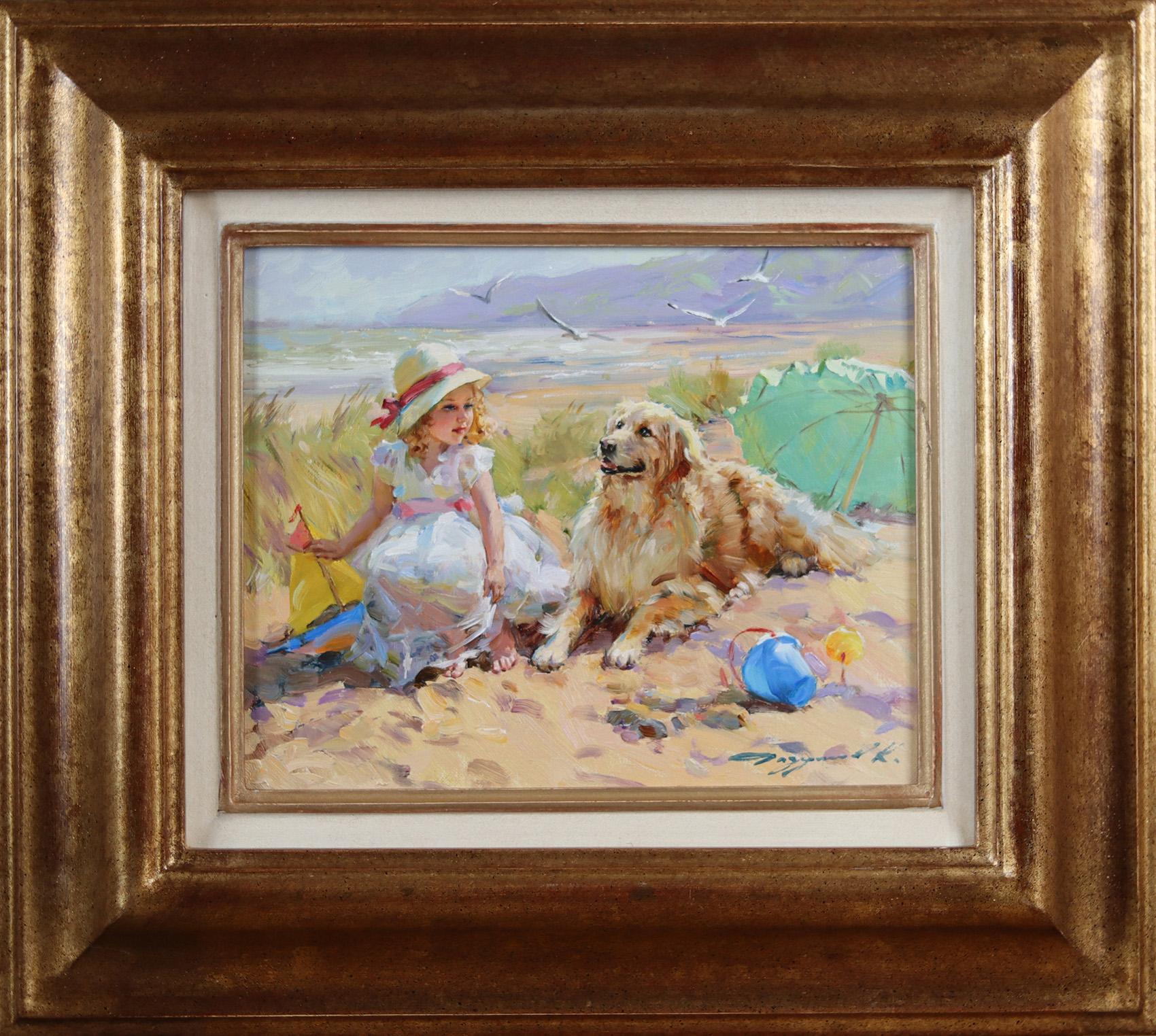 Jeune fille avec un labrador sur les dunes - Painting de Konstantin Razumov 