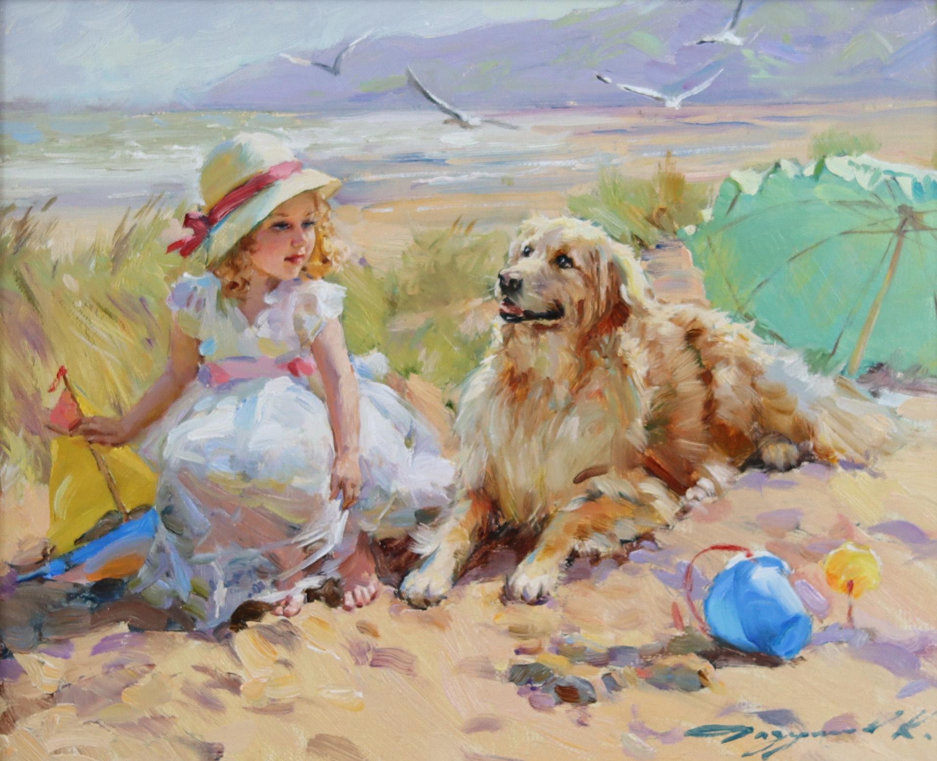 Konstantin Razumov  Animal Painting - Pretty Young girl with Labrador on the Dunes                                   