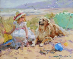 Pretty Young girl with Labrador on the Dunes                                   