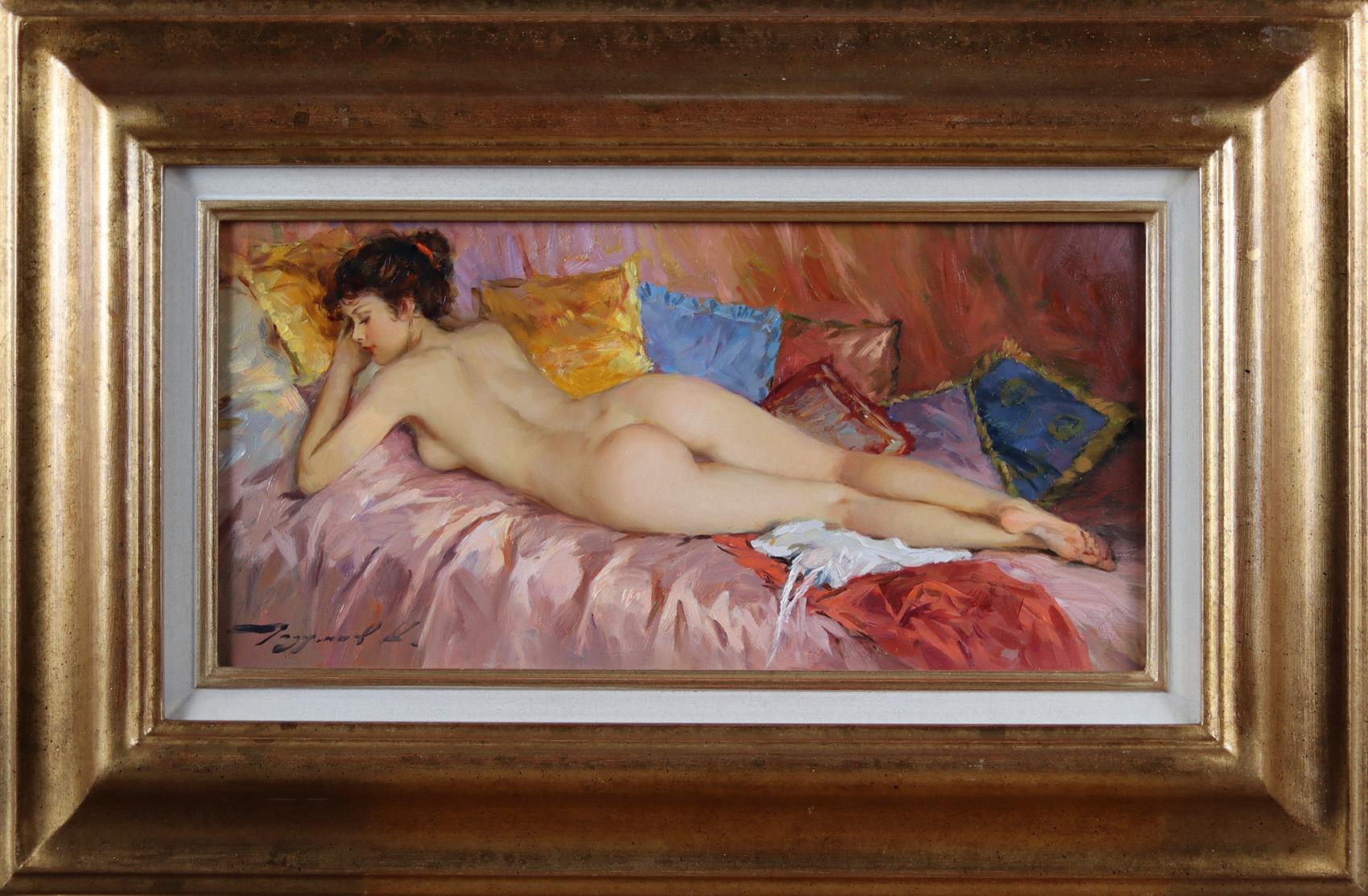 Reclining Nude Resting on a Bed - Painting by Konstantin Razumov 