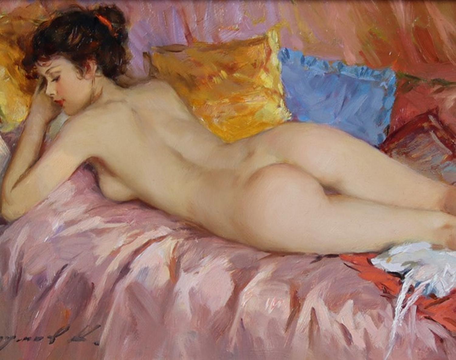 Reclining Nude Resting on a Bed - Impressionist Painting by Konstantin Razumov 
