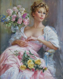 Risqué Lady posing with a Bouquet of Roses