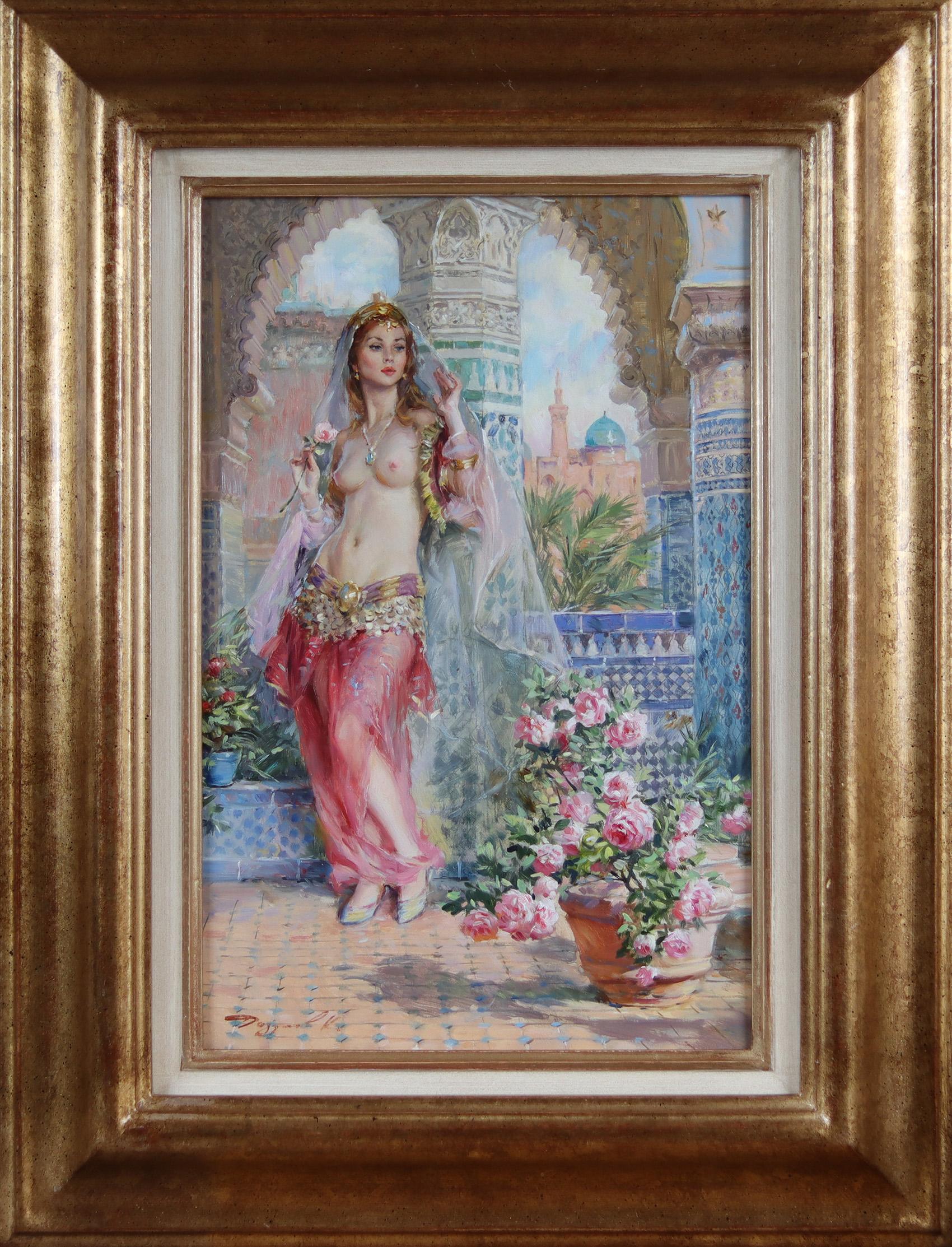 Halbakt-Dame im Hof des Harems – Painting von Konstantin Razumov 