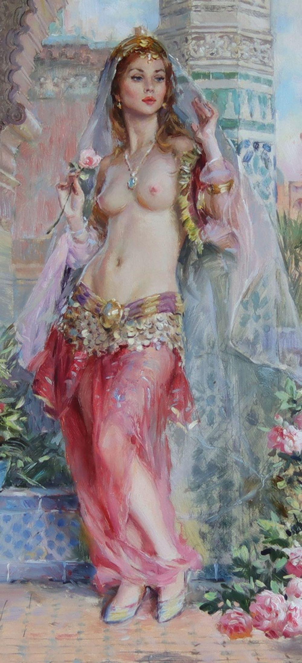 Semi-Nude Lady in the Courtyard of the Harem - Impressionist Painting by Konstantin Razumov 
