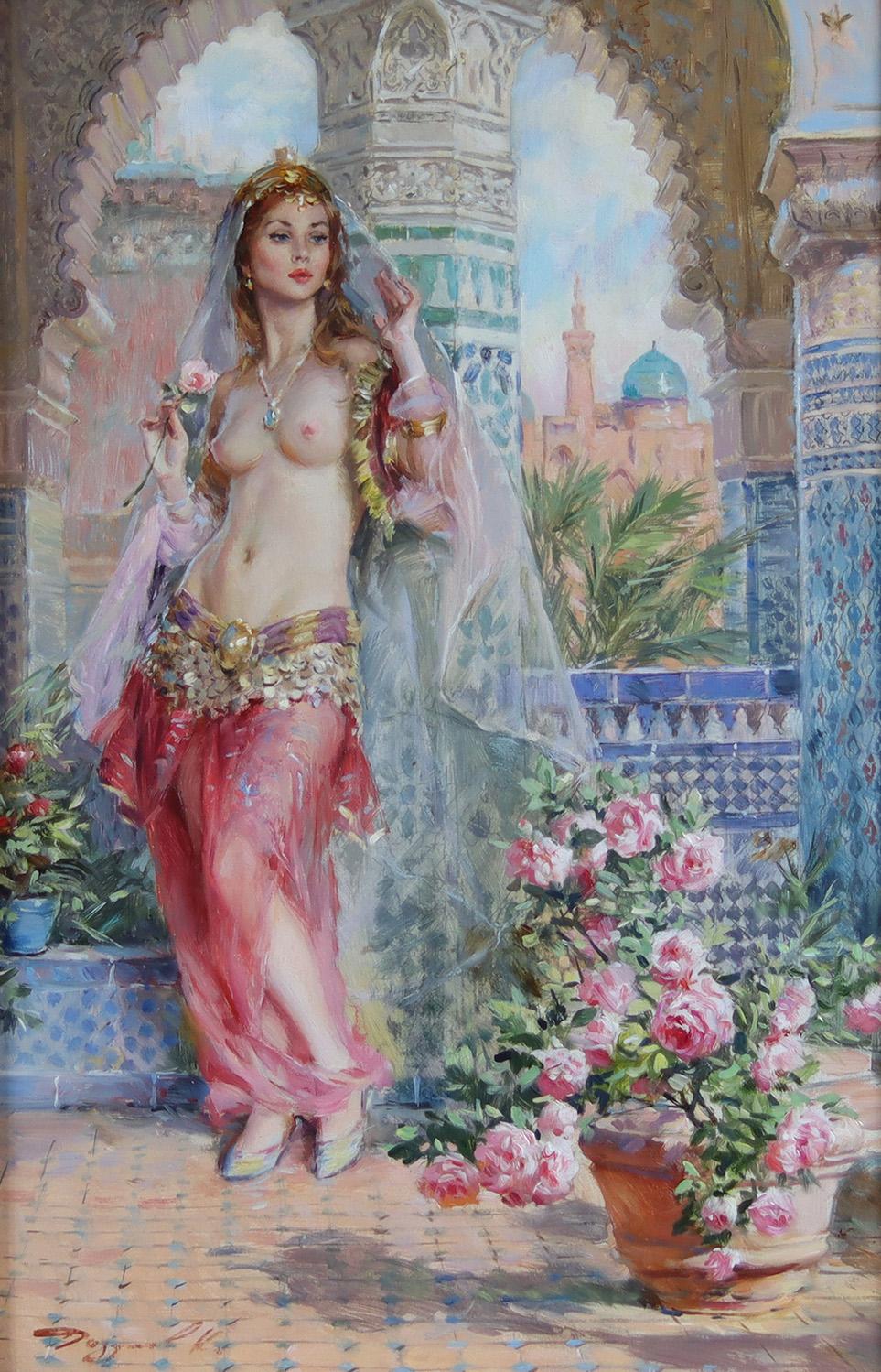 Konstantin Razumov  Nude Painting - Semi-Nude Lady in the Courtyard of the Harem