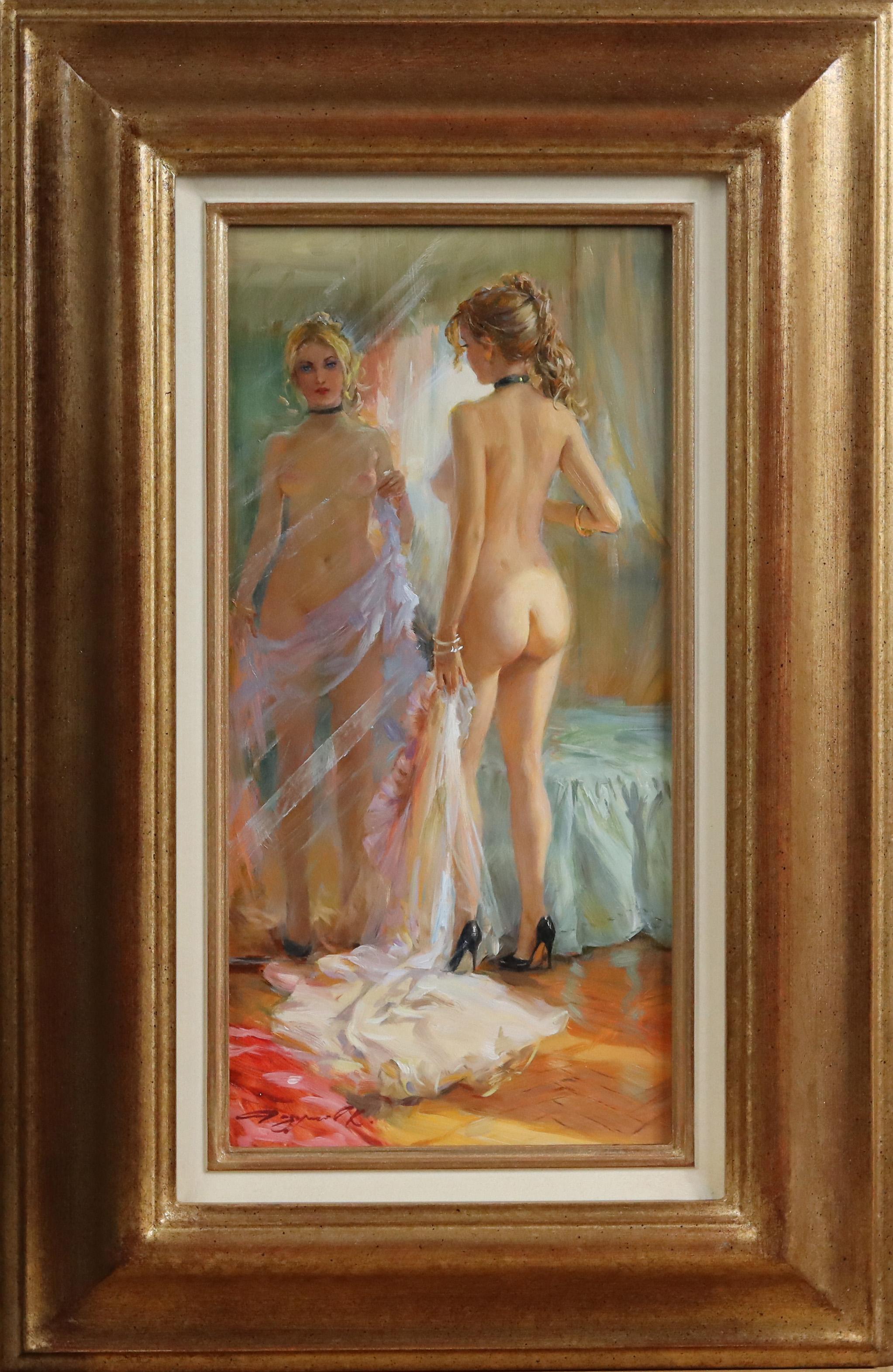 Standing nude wearing a black shoes and a choker necklace - Painting by Konstantin Razumov 