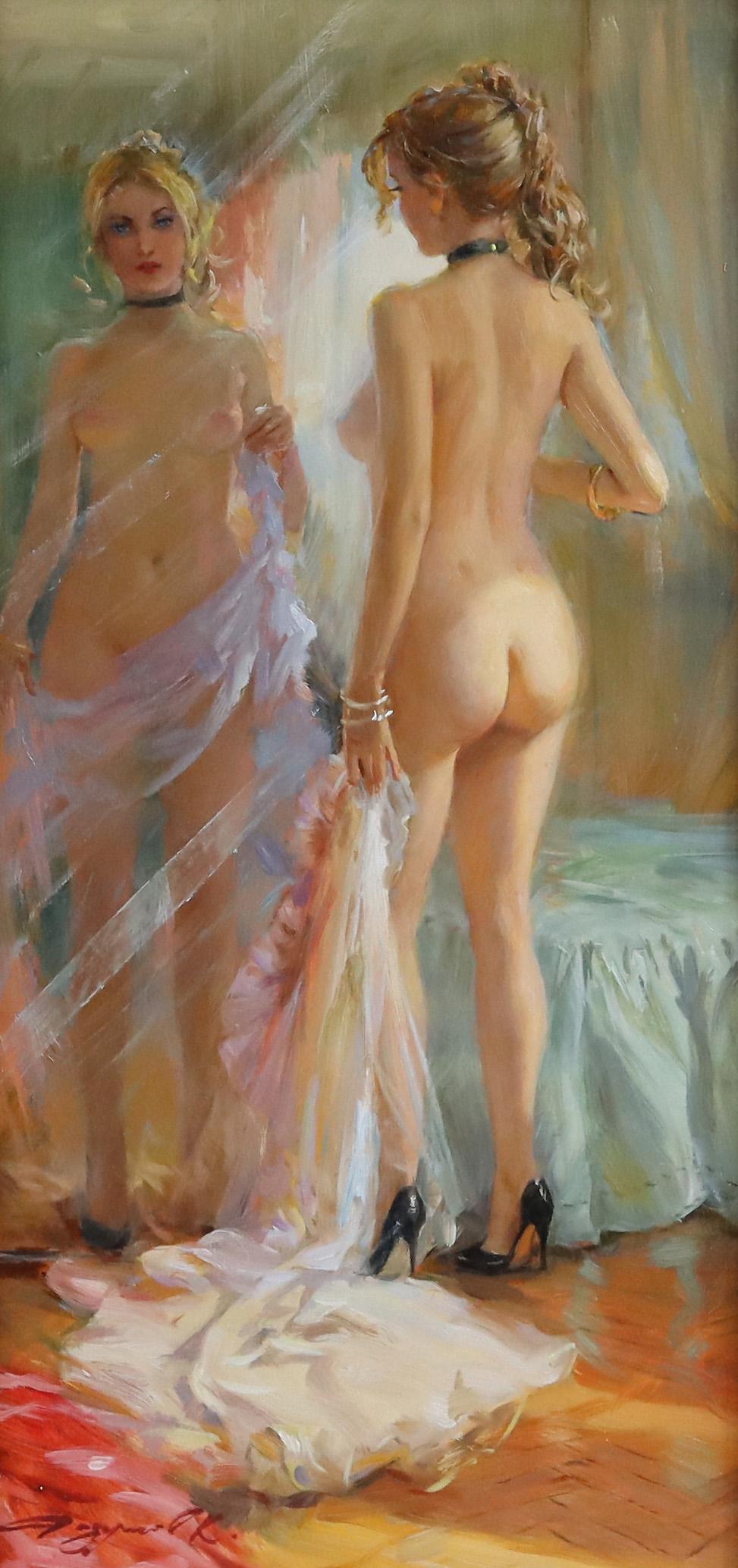Standing nude wearing a black shoes and a choker necklace - Impressionist Painting by Konstantin Razumov 