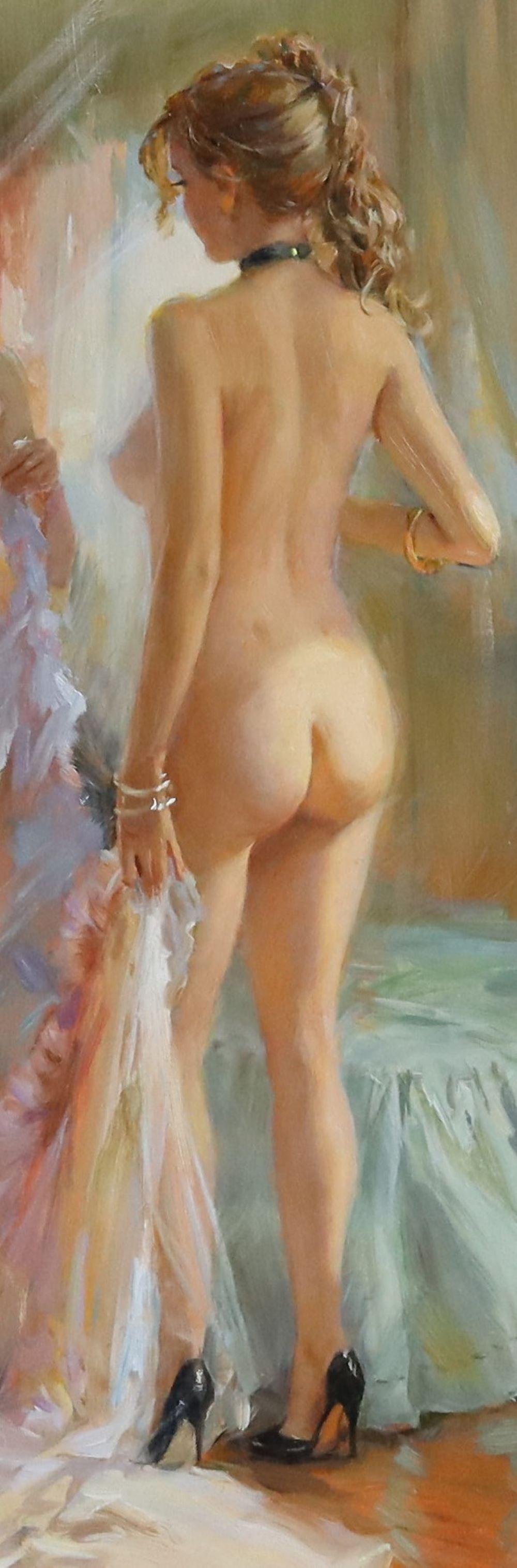 Standing nude wearing a black shoes and a choker necklace - Black Nude Painting by Konstantin Razumov 