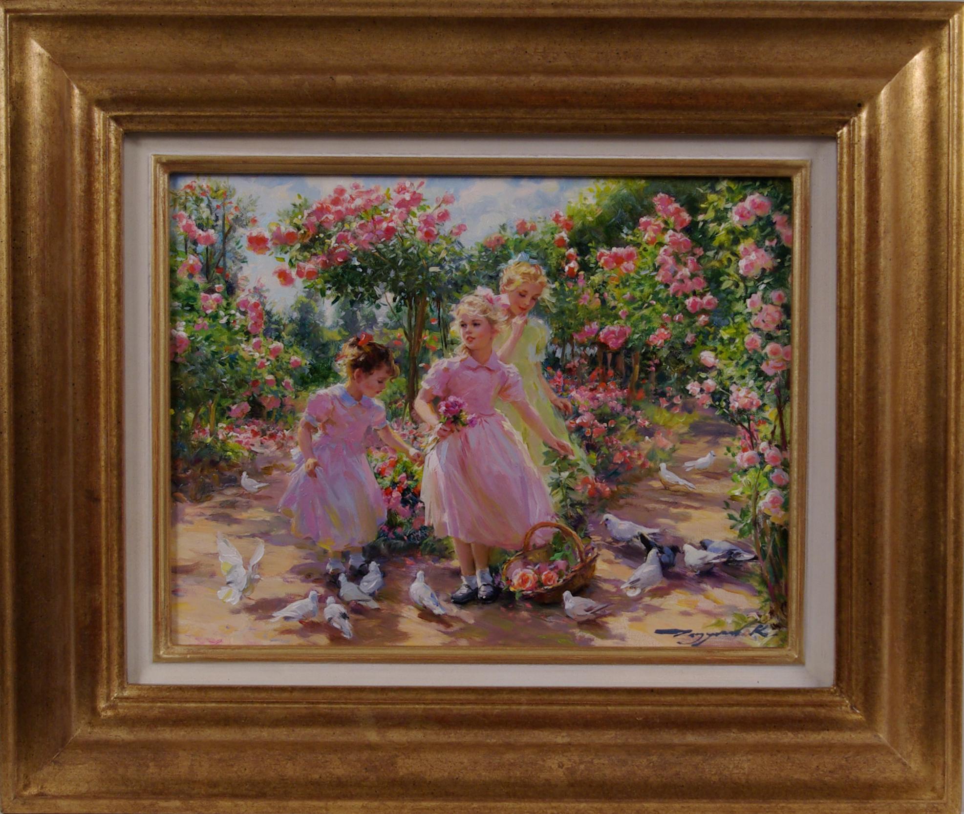 Three Young Girls in a Rose Garden - Painting by Konstantin Razumov 