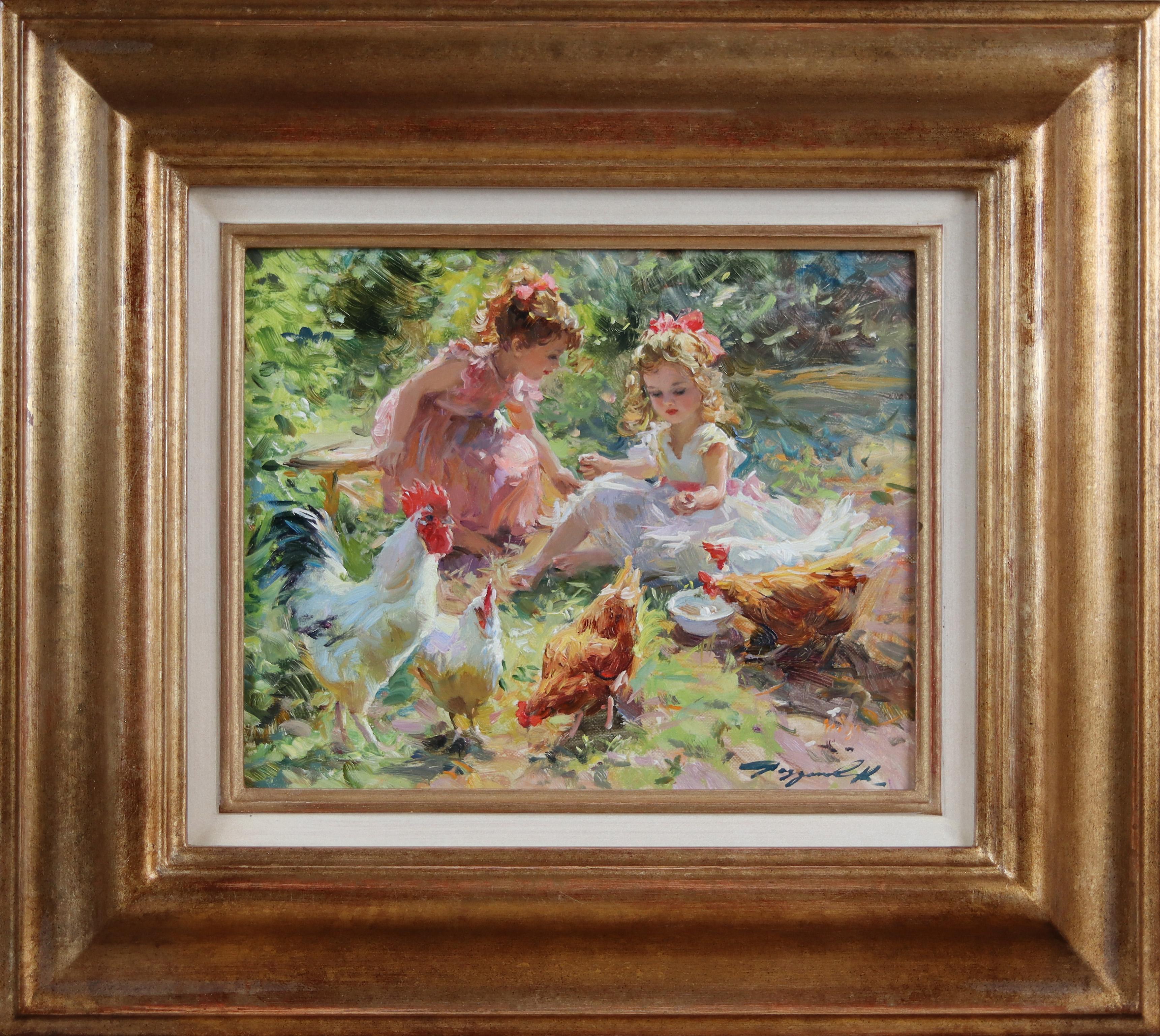 Two young girls feeding chickens - Painting by Konstantin Razumov 
