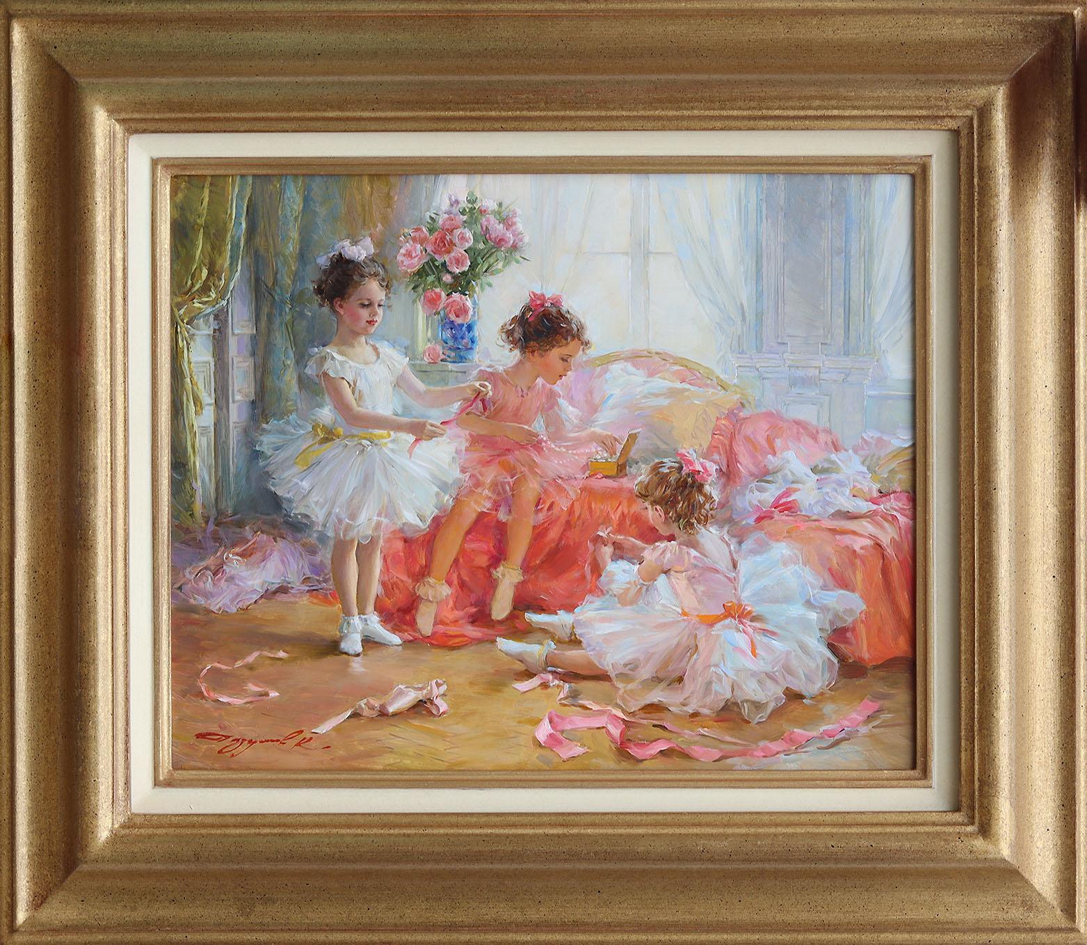Junge Ballerinas beim Spielen mit Bändern – Painting von Konstantin Razumov 