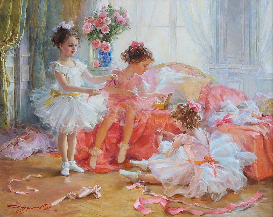 Junge Ballerinas beim Spielen mit Bändern (Braun), Interior Painting, von Konstantin Razumov 