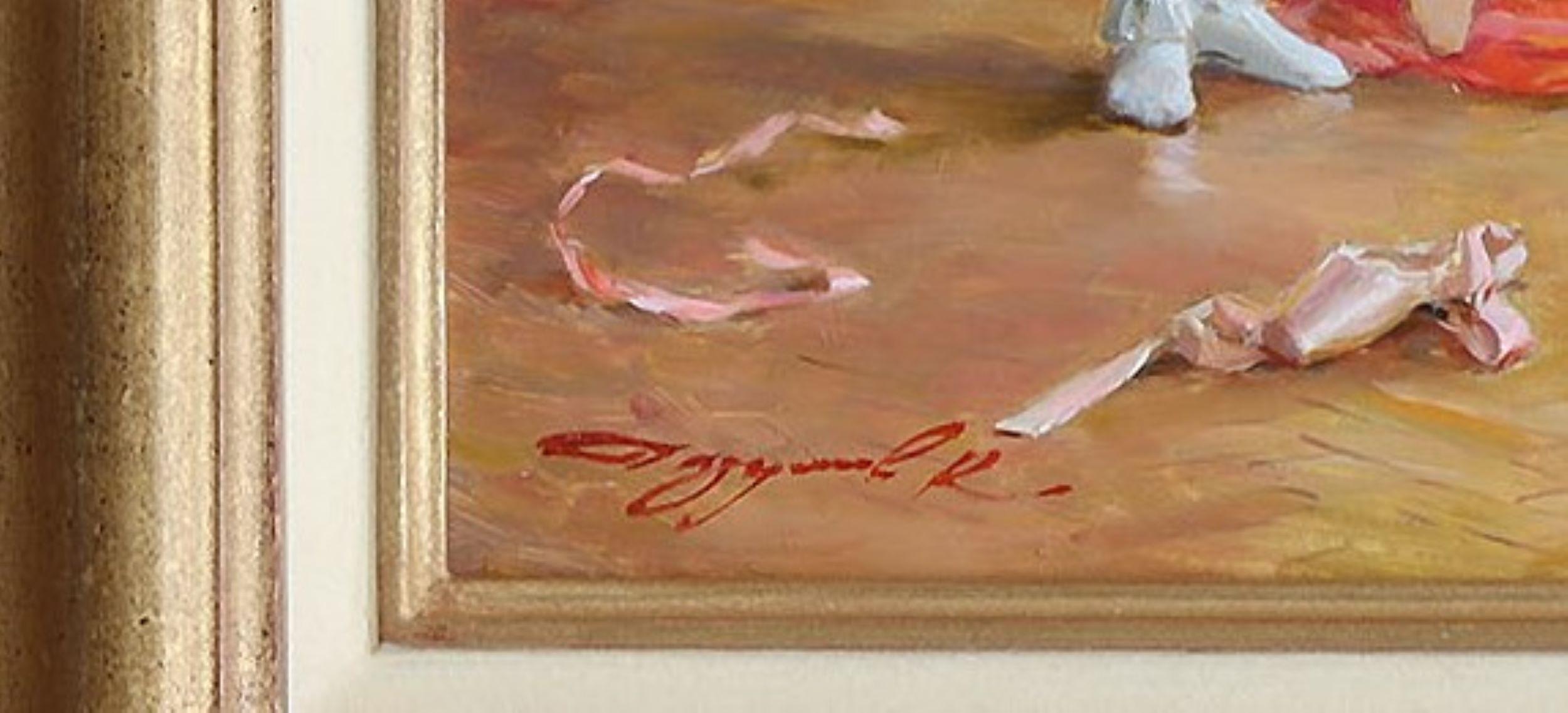 Konstantin Rasumow 
(Geboren 1974) Russisch

Junge Ballerinas beim Spielen mit Bändern

Öl auf Leinwand: 13 x 16 1/2 Zoll. Rahmen: 20 x 24 Zoll. 

Das Werk von Konstantin Razumov wurde in den letzten 25 Jahren mehrfach auf Auktionen angeboten, wobei