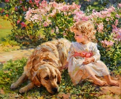 Young girl with a Labrador in a rose garden                                     