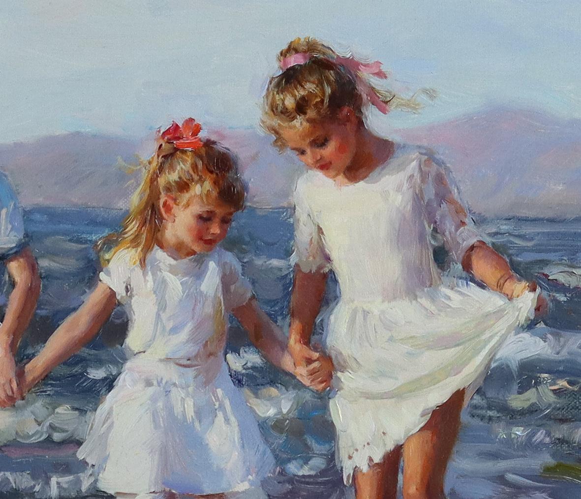 Junge Mädchen und ein Junge spielen am Strand mit einem Labrador (Impressionismus), Painting, von Konstantin Razumov 