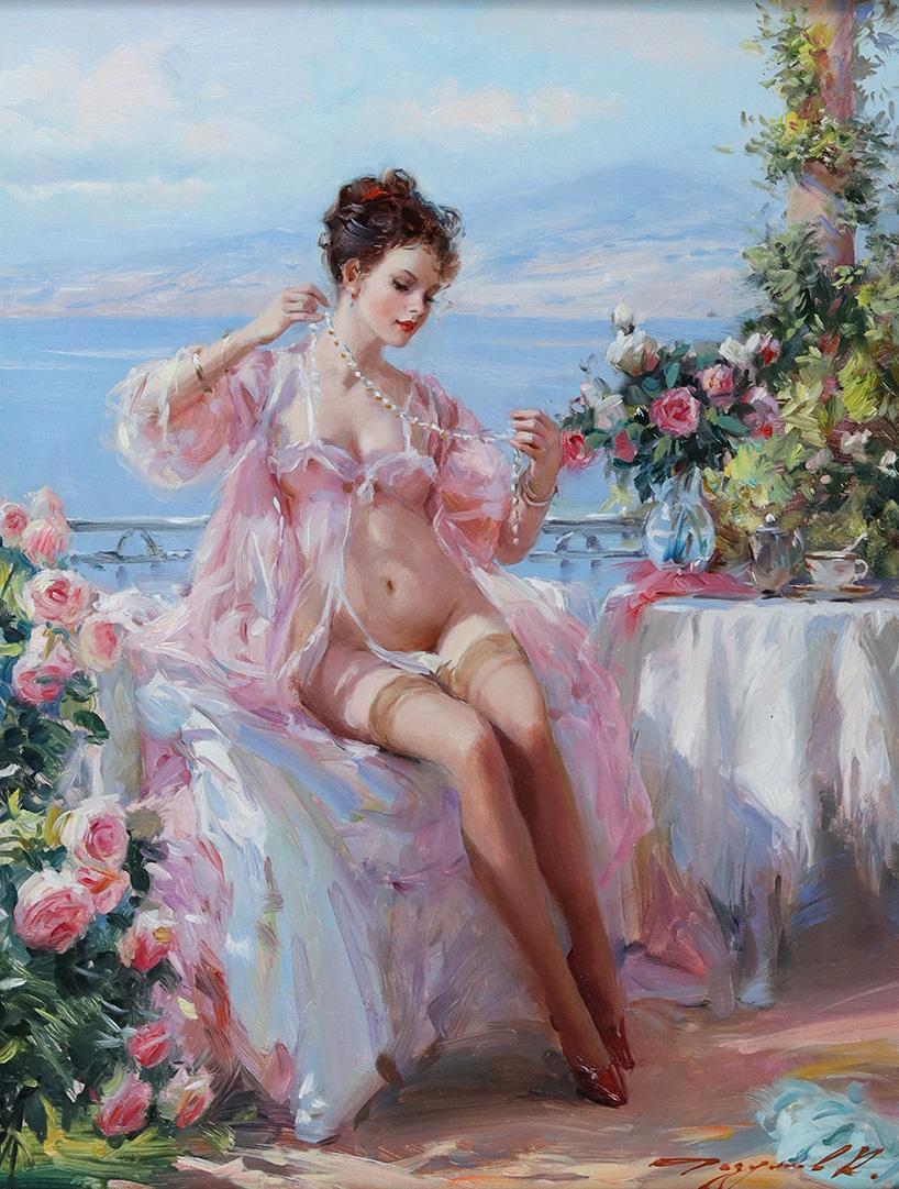 Young Lady in lingerie, seated on a Mediterranean Terrace - Painting by Konstantin Razumov 