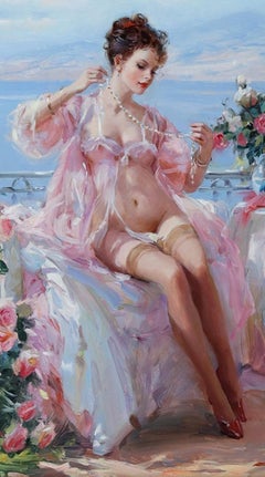 Young Lady in Kleidermode, sitzend auf einer mediterranen Terrasse