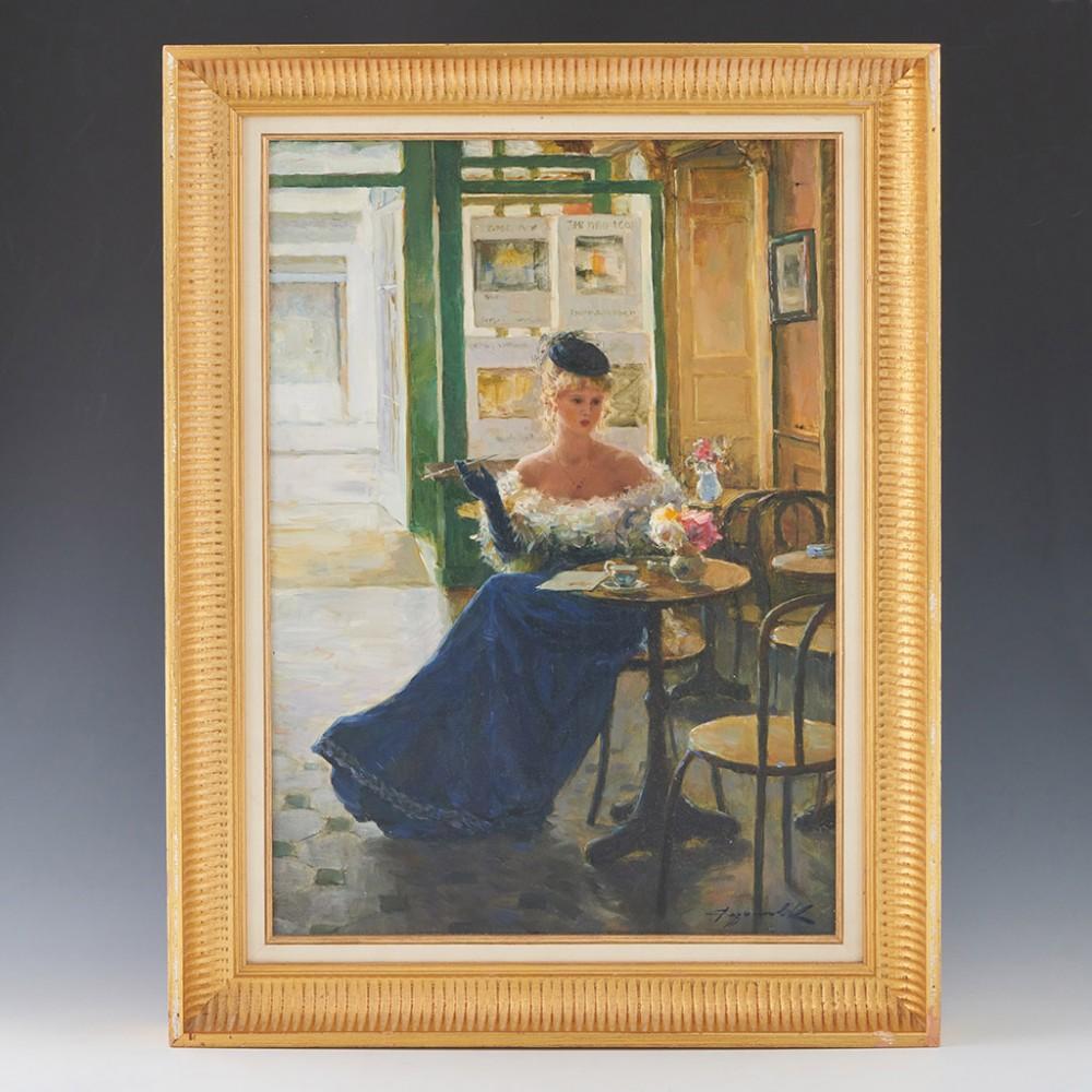 Artist : Konstatin Razumov (born 1974)
Title : Woman in Cafe
Medium: Oil on canvas
Size: 60.5x45cm
Frame : Giltwood
Restoration: None

Additional Information : 

Konstantin Razumov is one of the finest Russian artists working today. His style can be