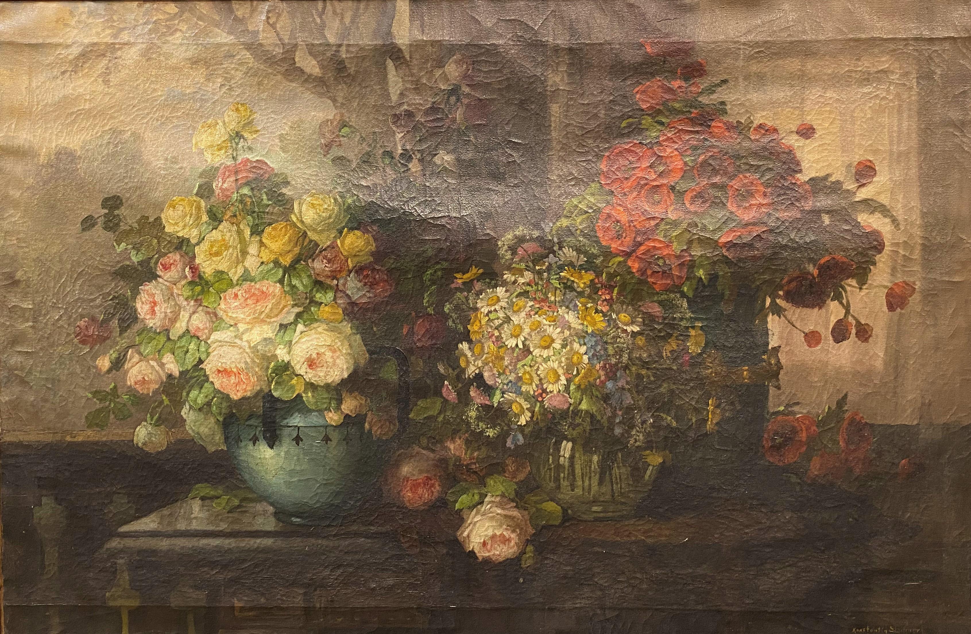 Still Life with Roses, Daisies, & Poppies - Painting by Konstantin Stoitzner