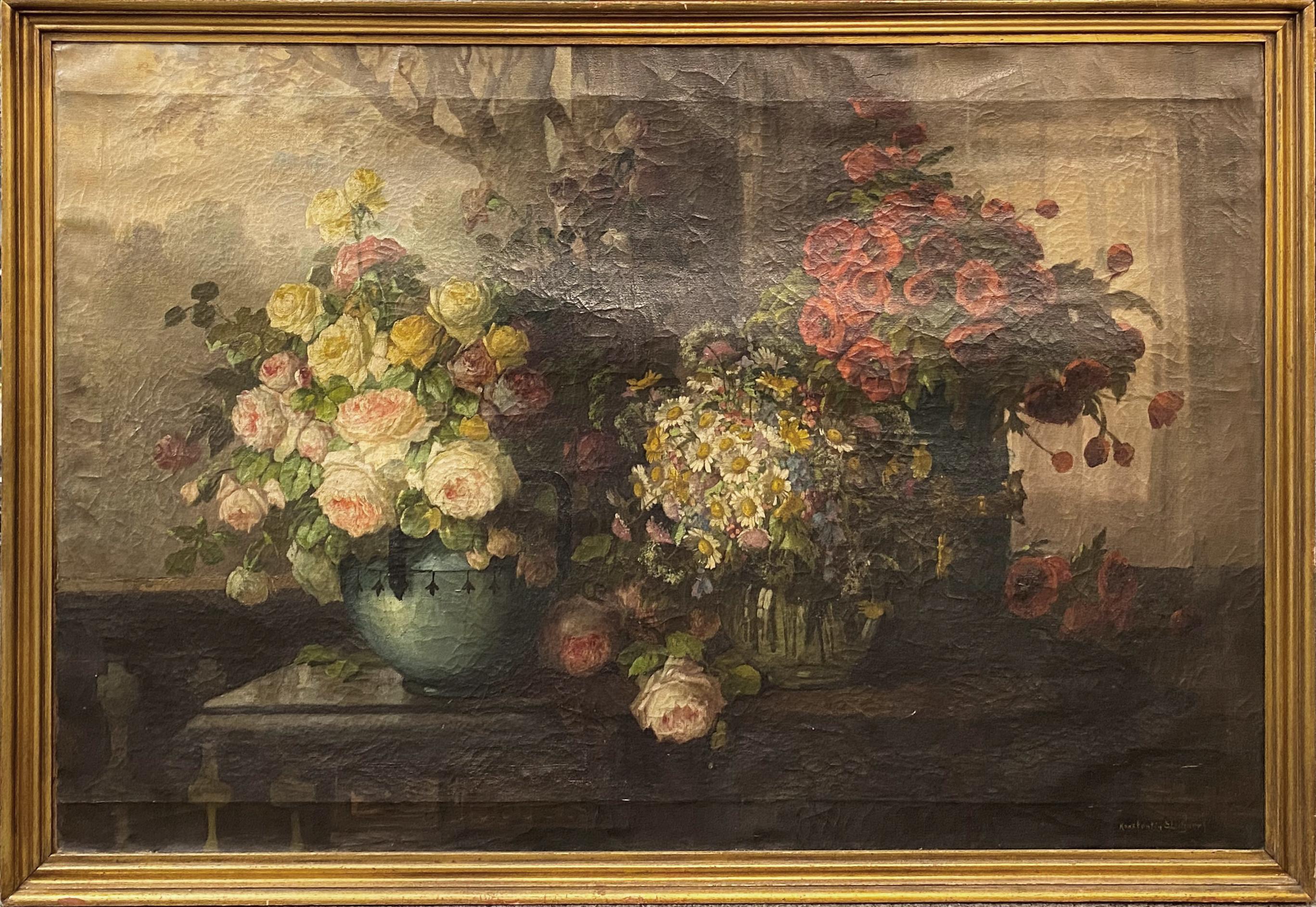Konstantin Stoitzner Still-Life Painting - Still Life with Roses, Daisies, & Poppies