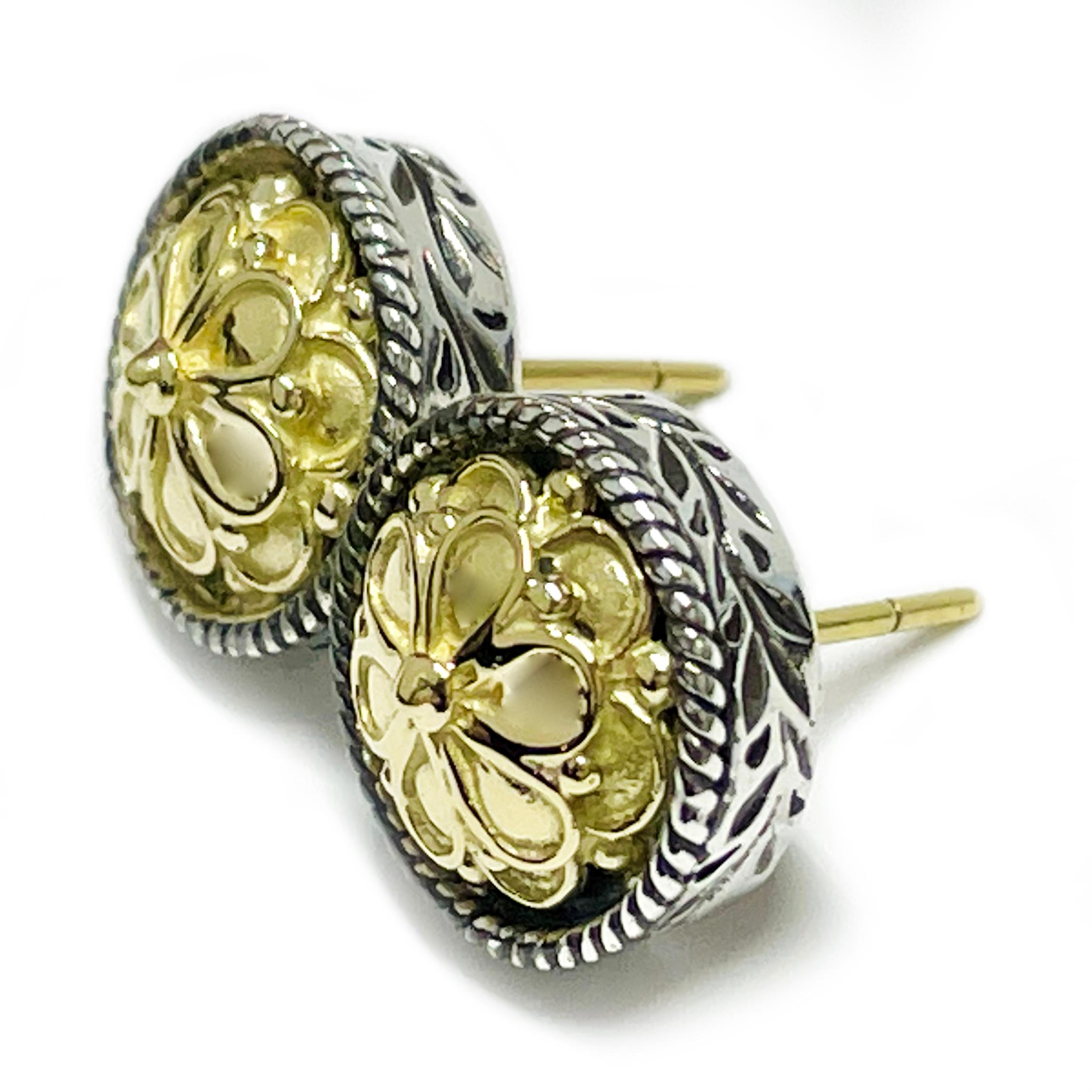 Konstantino 18 Karat Yellow Gold and Sterling Silver 925 Stud Earrings. These earrings are beautifully detailed with a two-tone double layer of flowers in the center of the studs and a silver vine and leaf pattern along the outer edge with a twisted