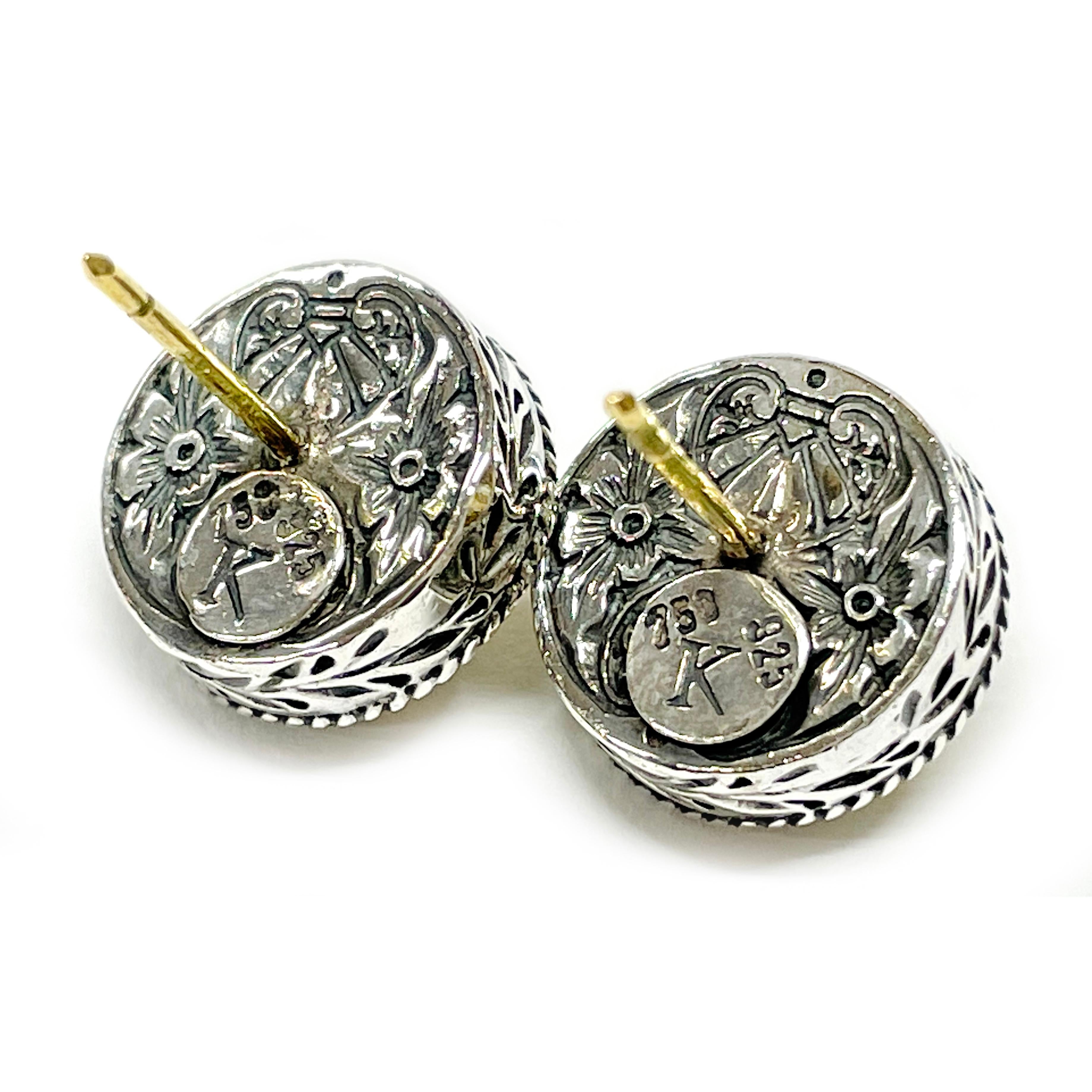 Byzantine Konstantino 18 Karat Yellow Gold & Silver Stud Earrings For Sale