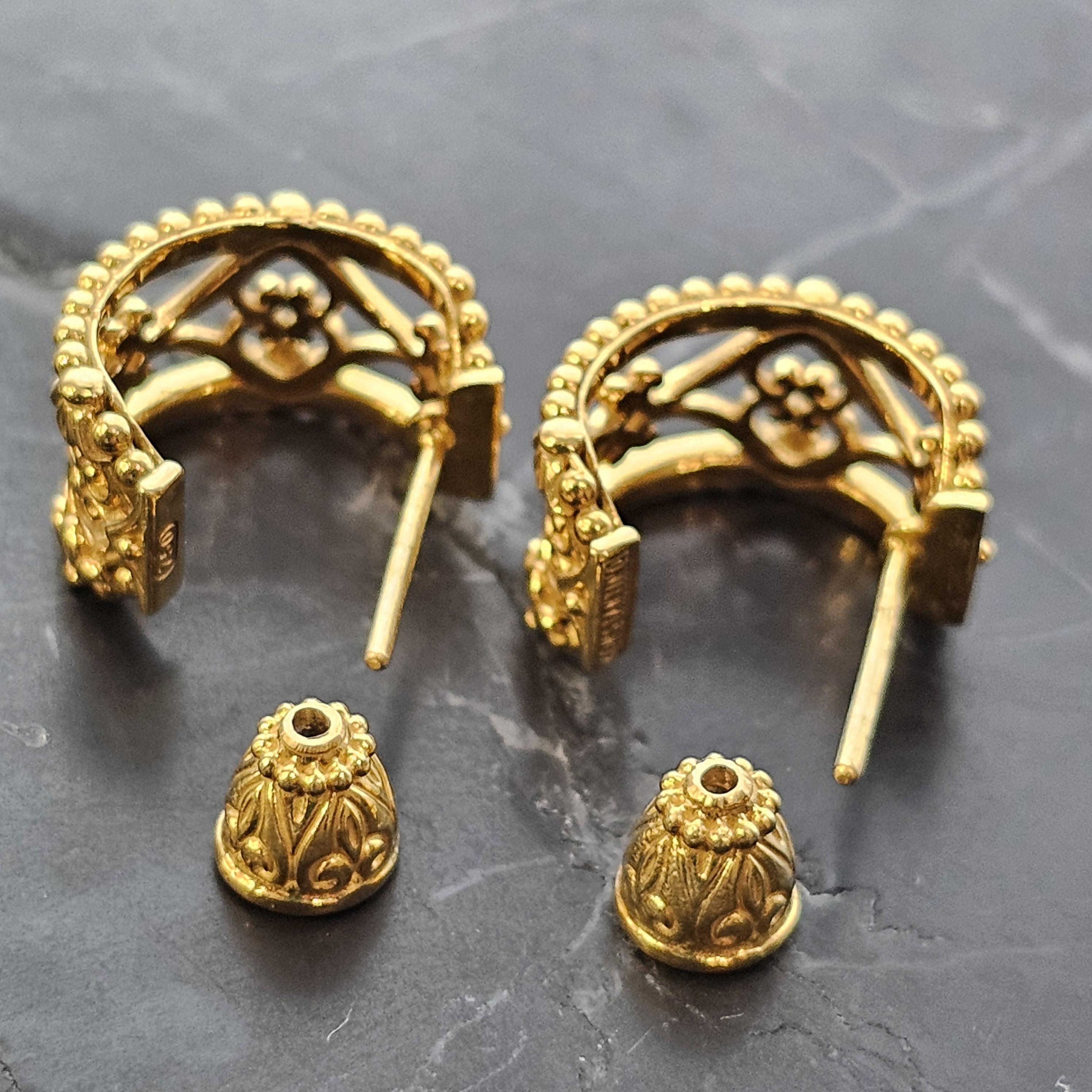 Art Nouveau Konstantino 18k 750 Gold Hoop Earrings Filigree Open Work Design Huggies 1/2