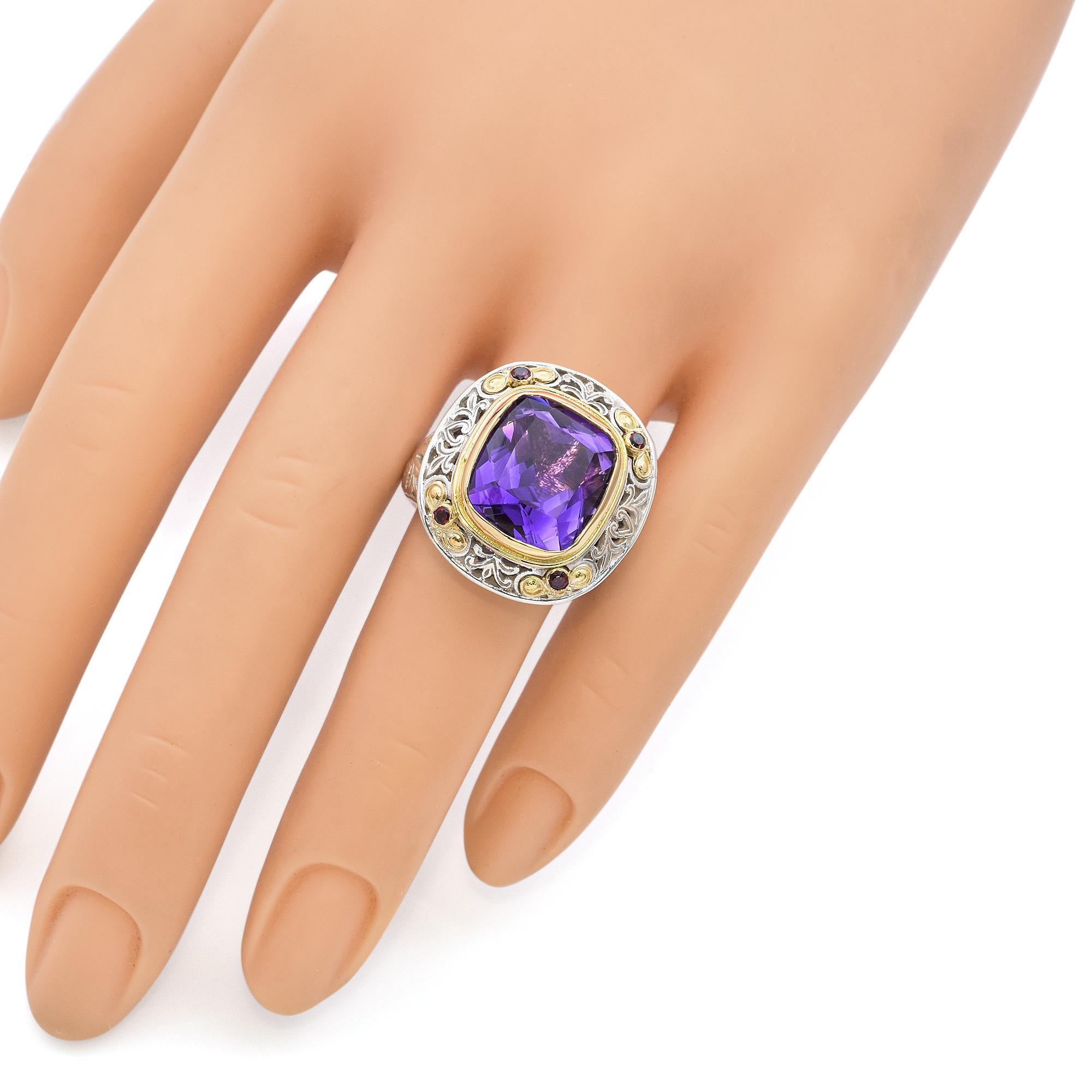 Taille coussin antique Konstantino Bague cocktail en or jaune 18 carats et argent sterling avec améthyste 11 carats en vente