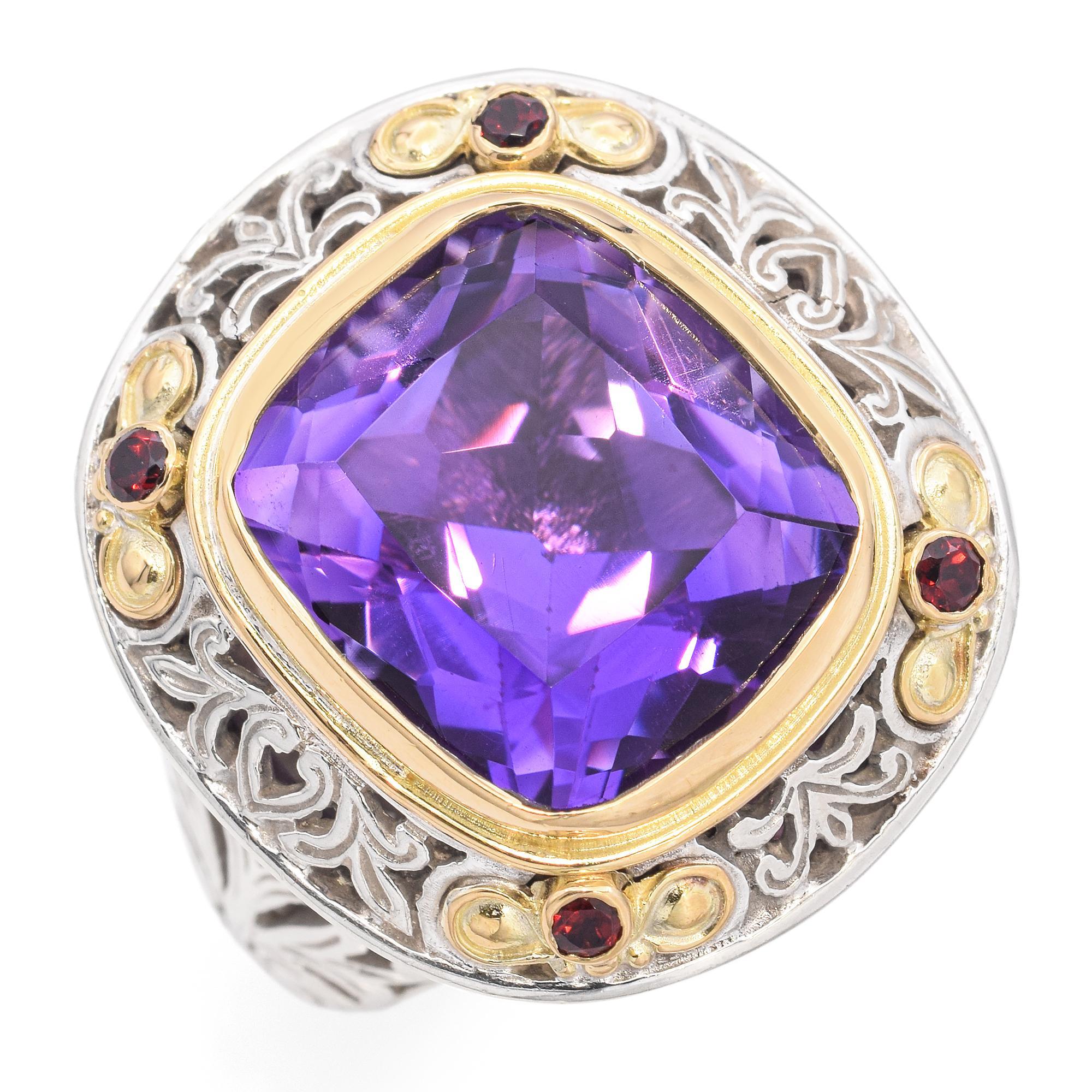 Konstantino Bague cocktail en or jaune 18 carats et argent sterling avec améthyste 11 carats Bon état - En vente à New York, NY