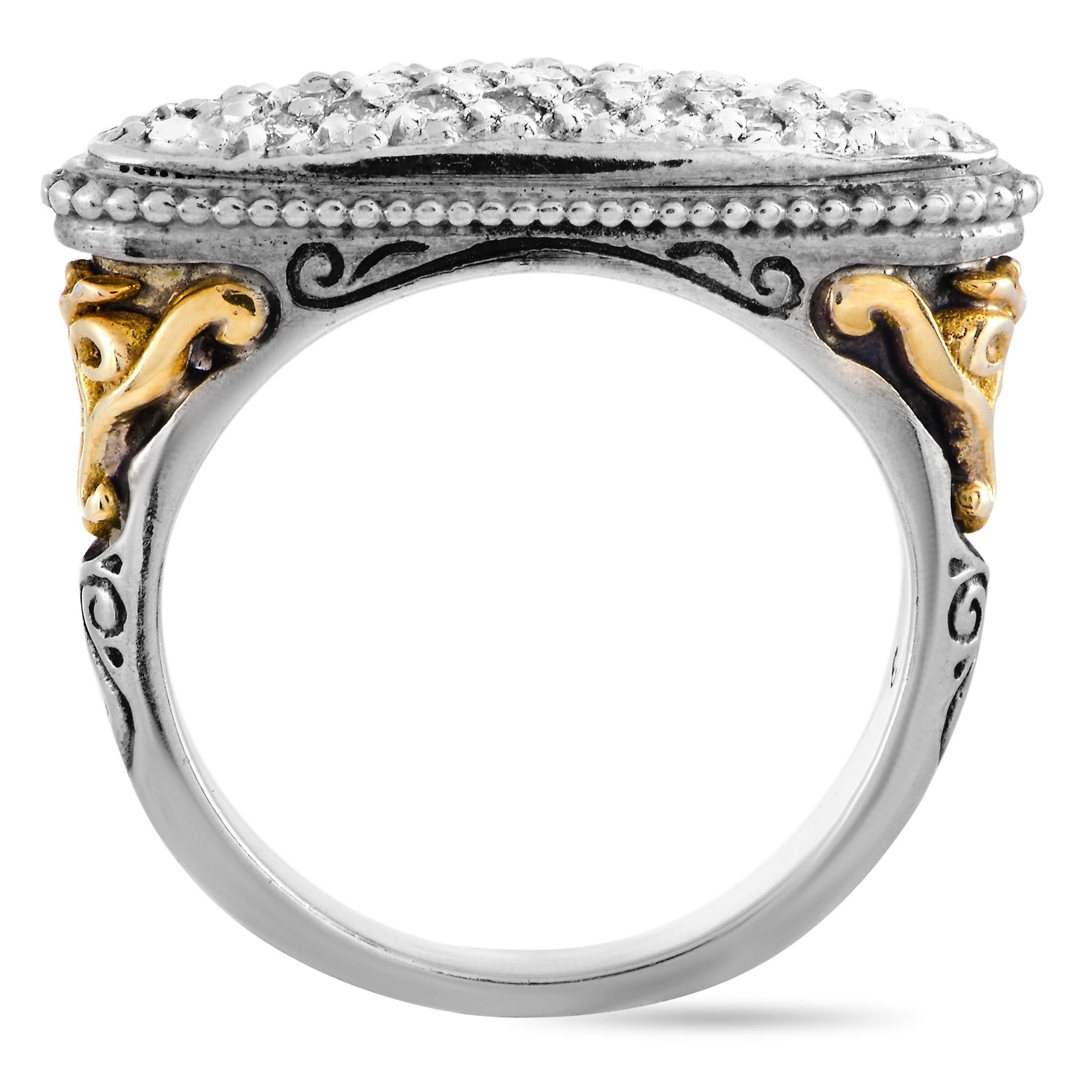 This Konstantino ring is made out of 18K yellow gold and sterling silver and weighs 8.1 grams. It is set with diamond stones that total 0.40 carats. The ring boasts a band thickness of 2 mm and a top height of 5 mm, while top dimensions measure 7 by
