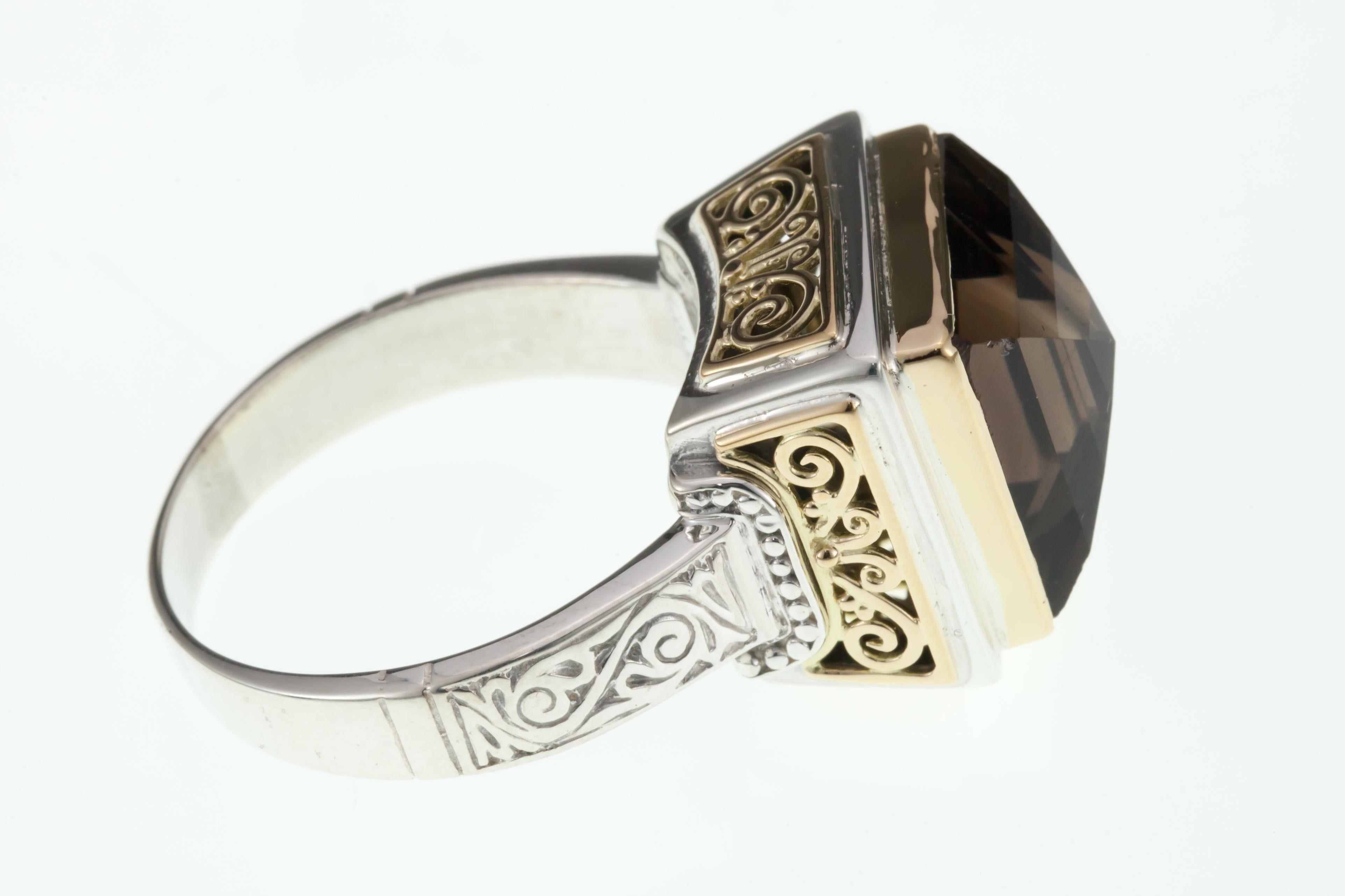 Women's or Men's Konstantino 18k Yellow Gold & Sterling Silver Smoky Quartz Ring For Sale