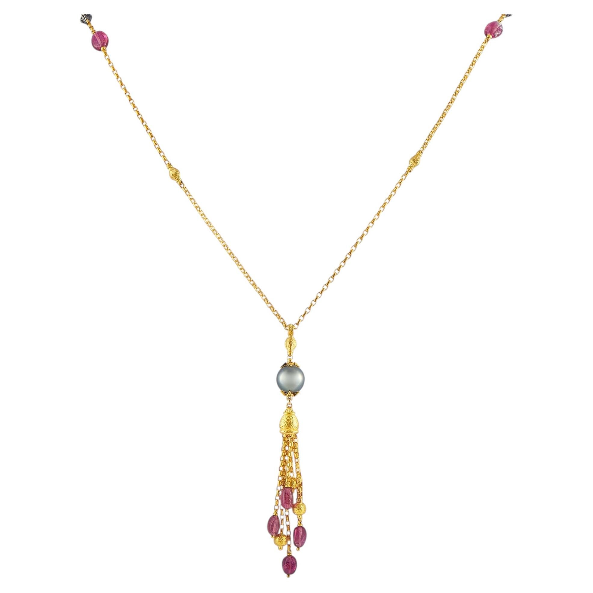 Pre-owned Konstantino 18k Yellow Gold Tahitian Pearl And Tourmaline Necklace Ks04-050426