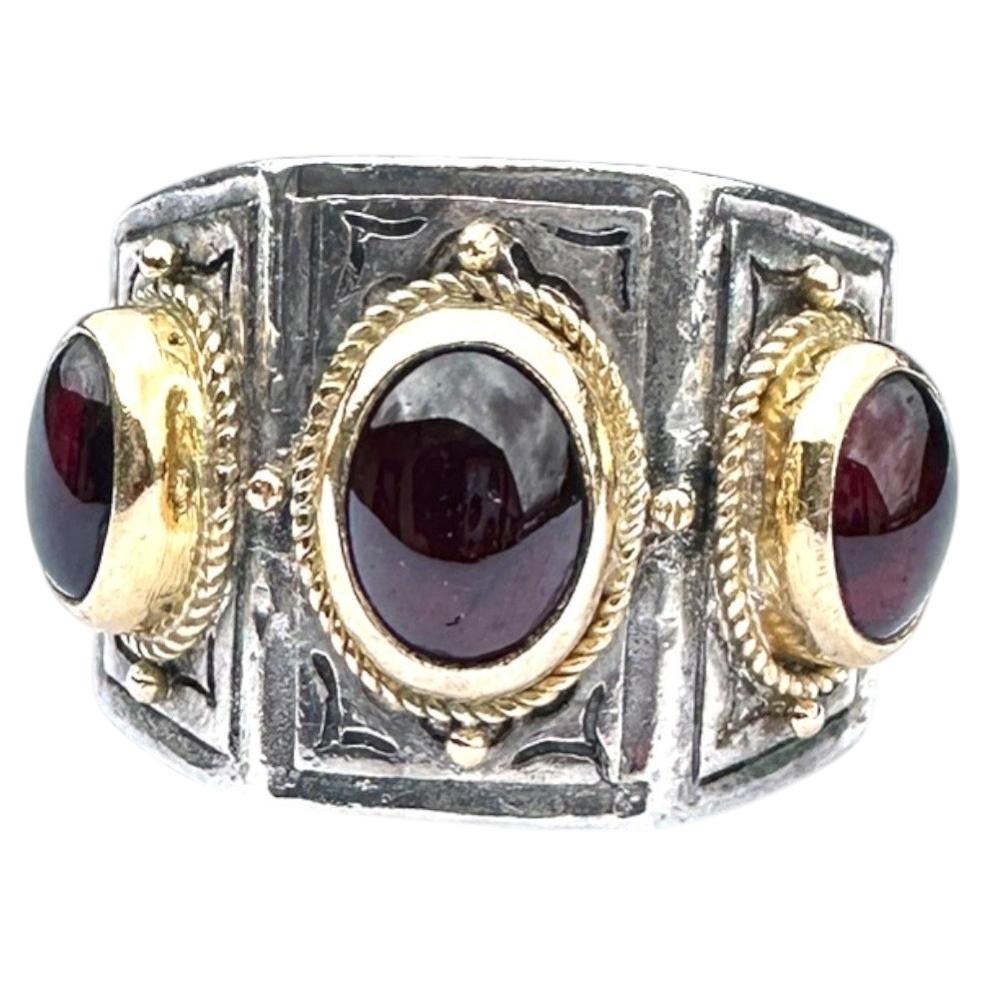 Pre-owned Konstantino 3-stone 22 Karat Sterling Cigar Band Garnet Cabochon Ring In Multi