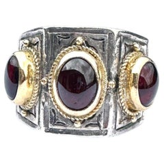 Anello Konstantino con 3 pietre, 22 carati, argento sterling, con fascia a forma di sigaro e granato cabochon